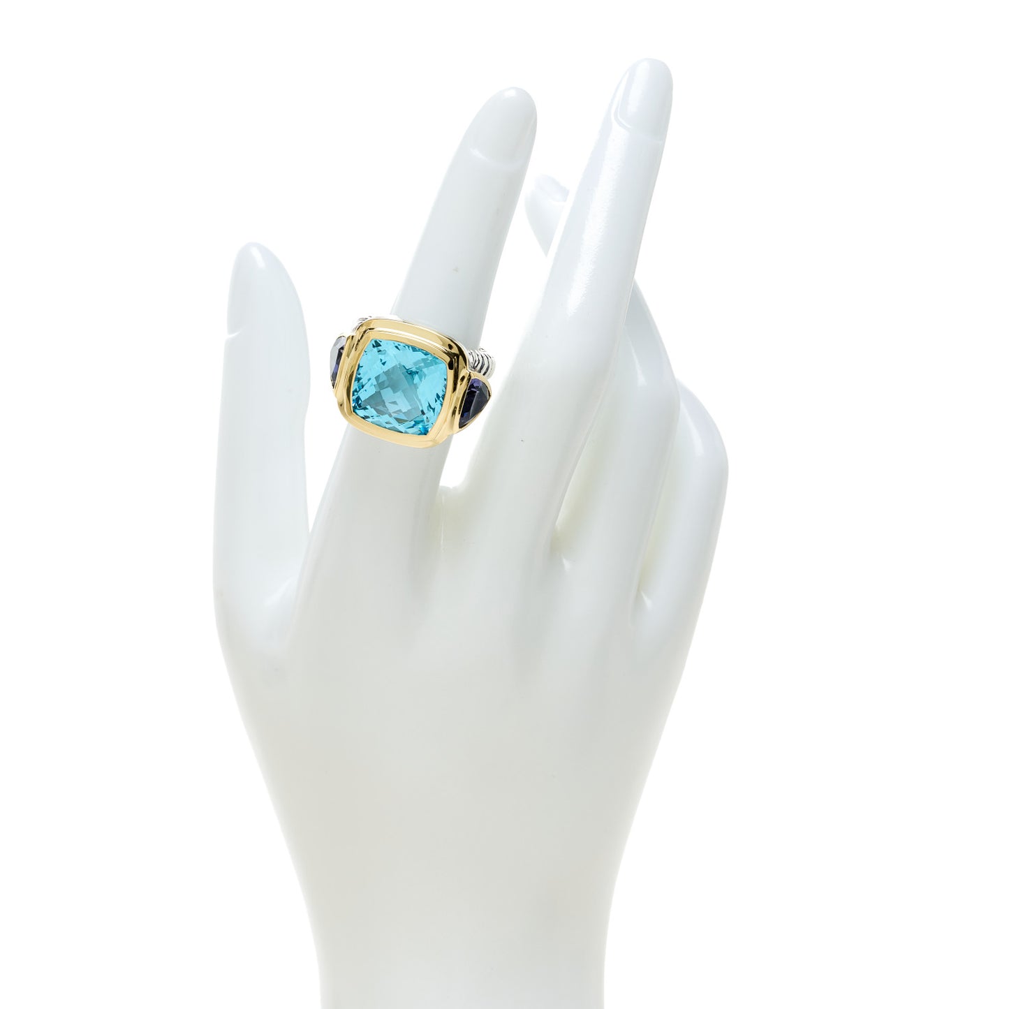Sterling Silver 18K Yellow Gold Blue Topaz Iolite Cable Mosaic Ring 53 6.25