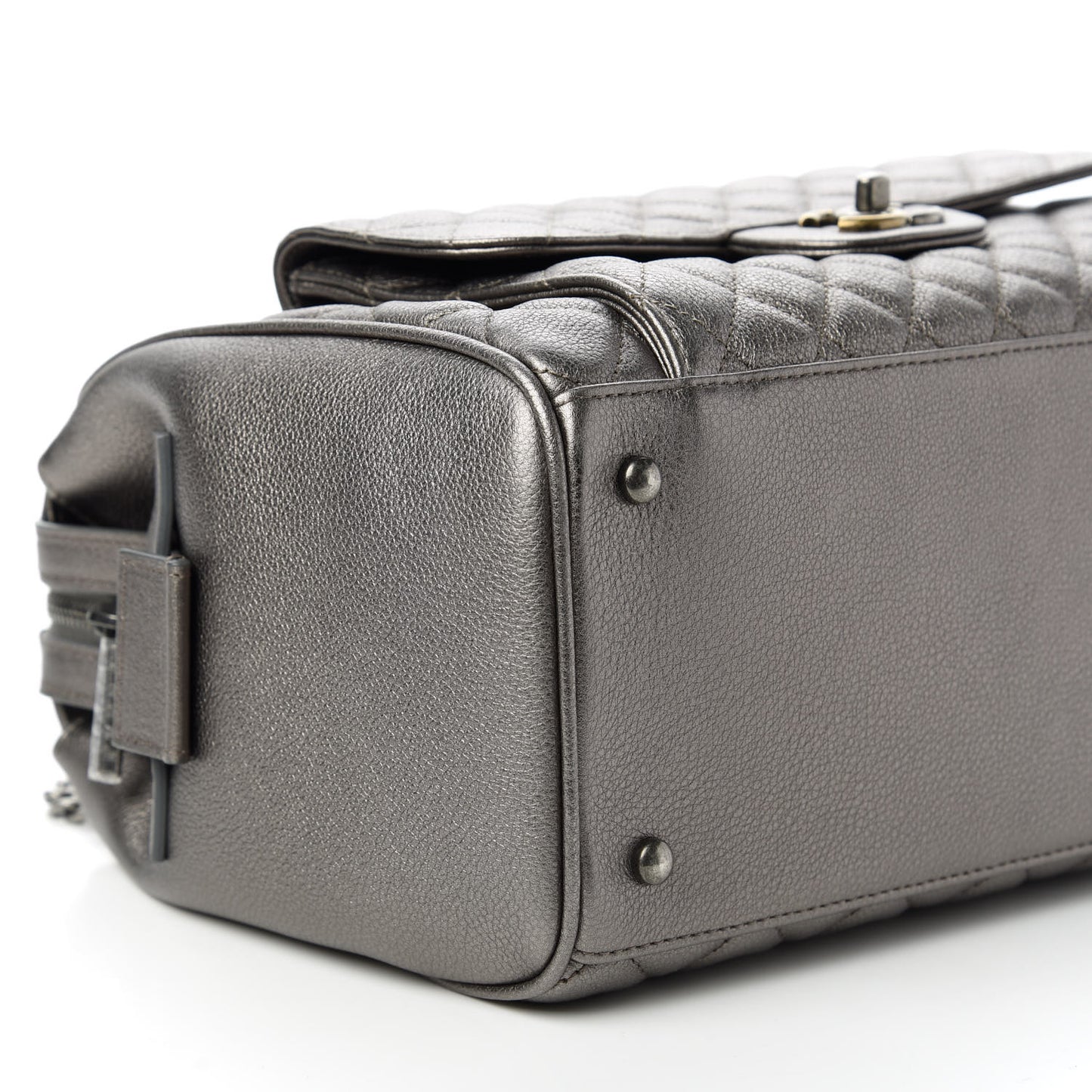 Metallic Grained Calfskin Quilted Large Casual Pocket Bowling Bag Silver