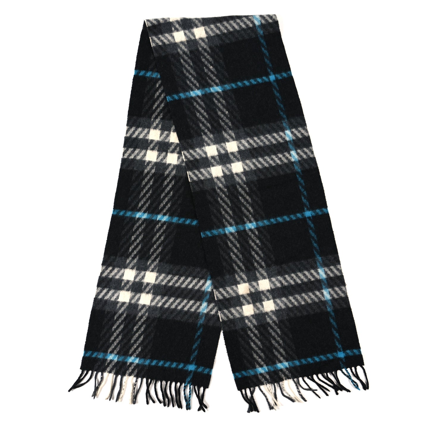 Cashmere Check Striped Fringe Scarf Dark Grey Blue