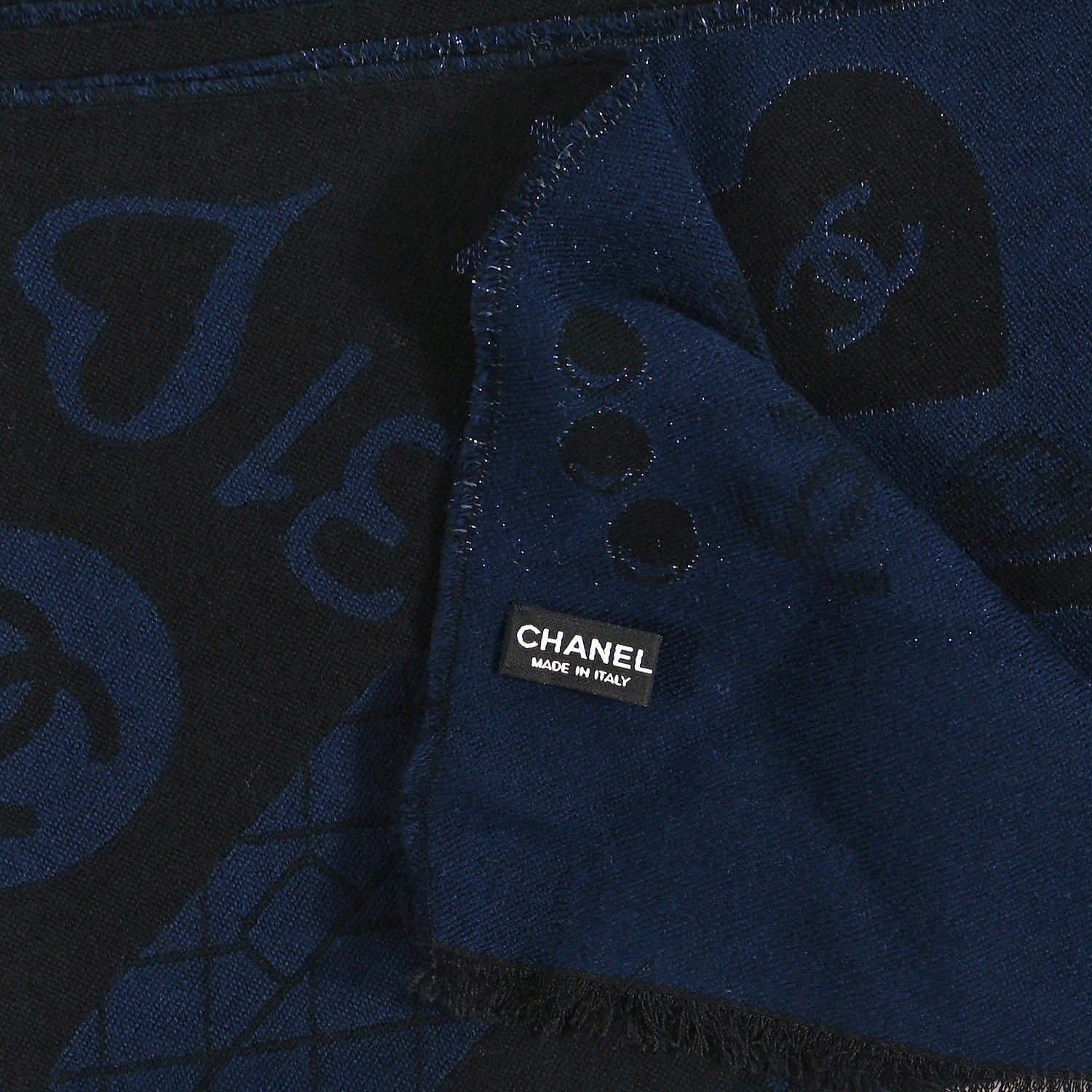Chanel Metallic Wool Silk Paris Logo Scarf Black Navy 2 of 3