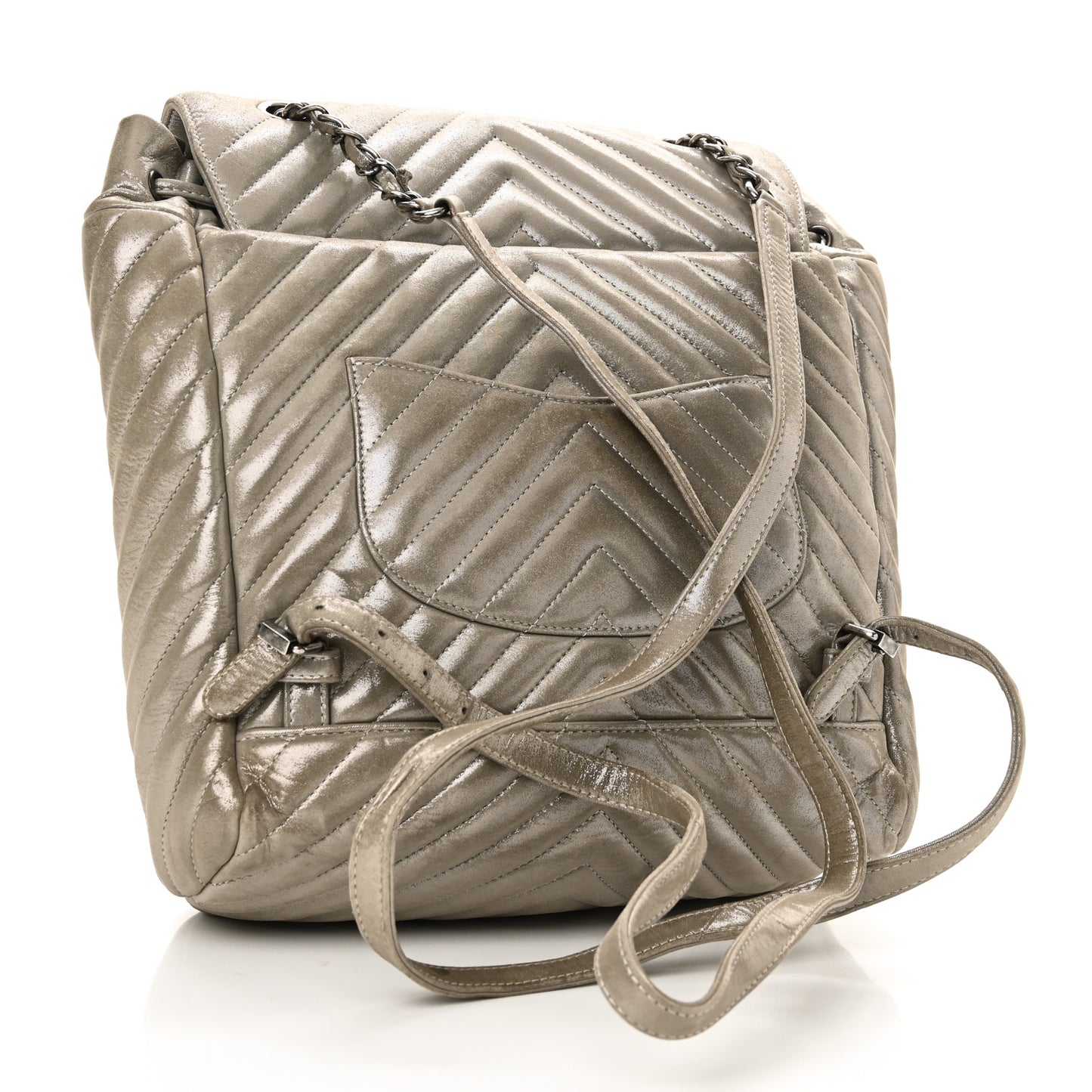 Iridescent Calfskin Chevron Quilted Large Urban Spirit Backpack Silver