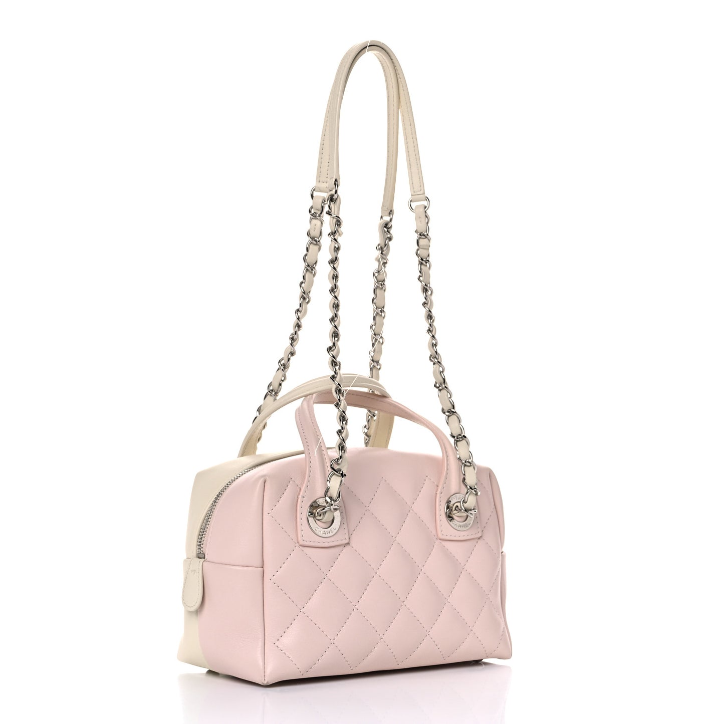 Calfskin Quilted Feather Weight Bowling Bag Ivory Light Pink