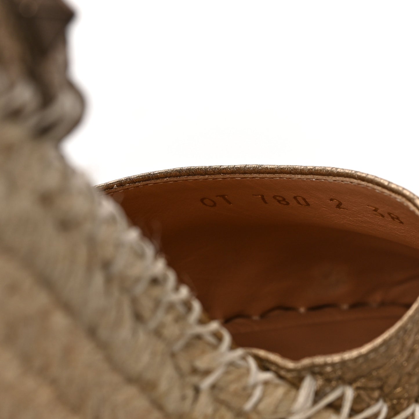 Metallic Grained Calfskin Rockstud Ankle Wrap Espadrille Wedges 38 Skin