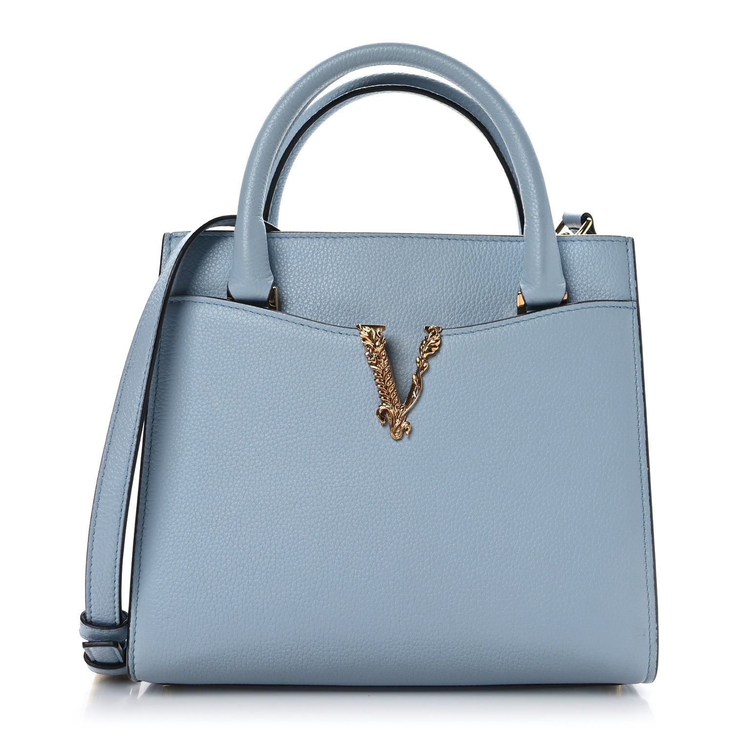 Versace Grainy Calfskin Virtus Top Handle Tote Light Blue 1 of 8
