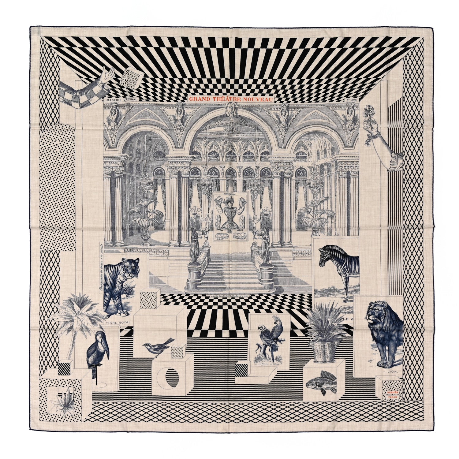 Hermes Cashmere Silk Grand Theatre Nouveau Shawl 140 Naturel Marine Black 1 of 6