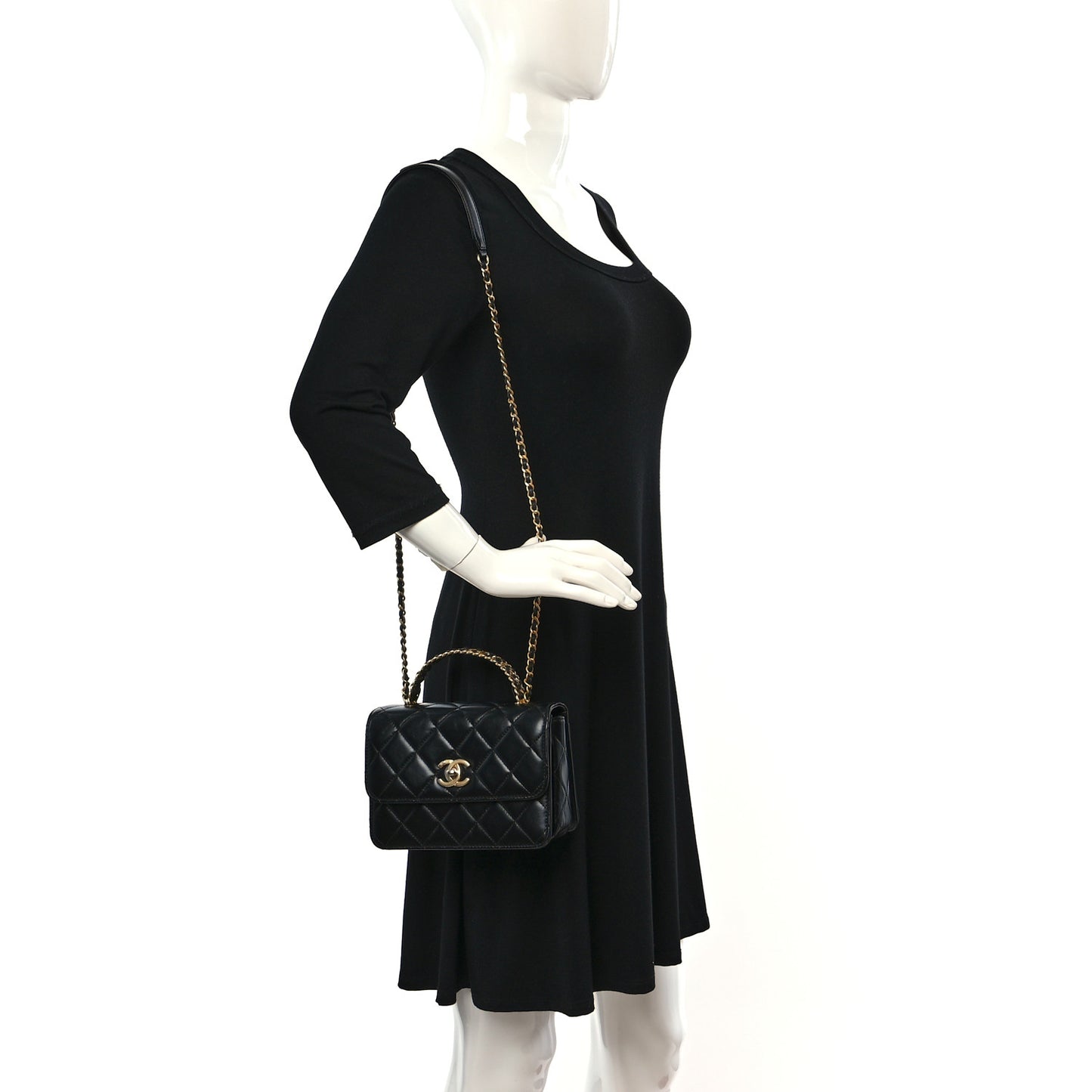 Shiny Calfskin Quilted Mini Chain Top Handle Flap Black