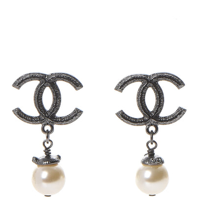 Chanel Ruthenium Pearl CC Bead Drop Earrings 1 of 6