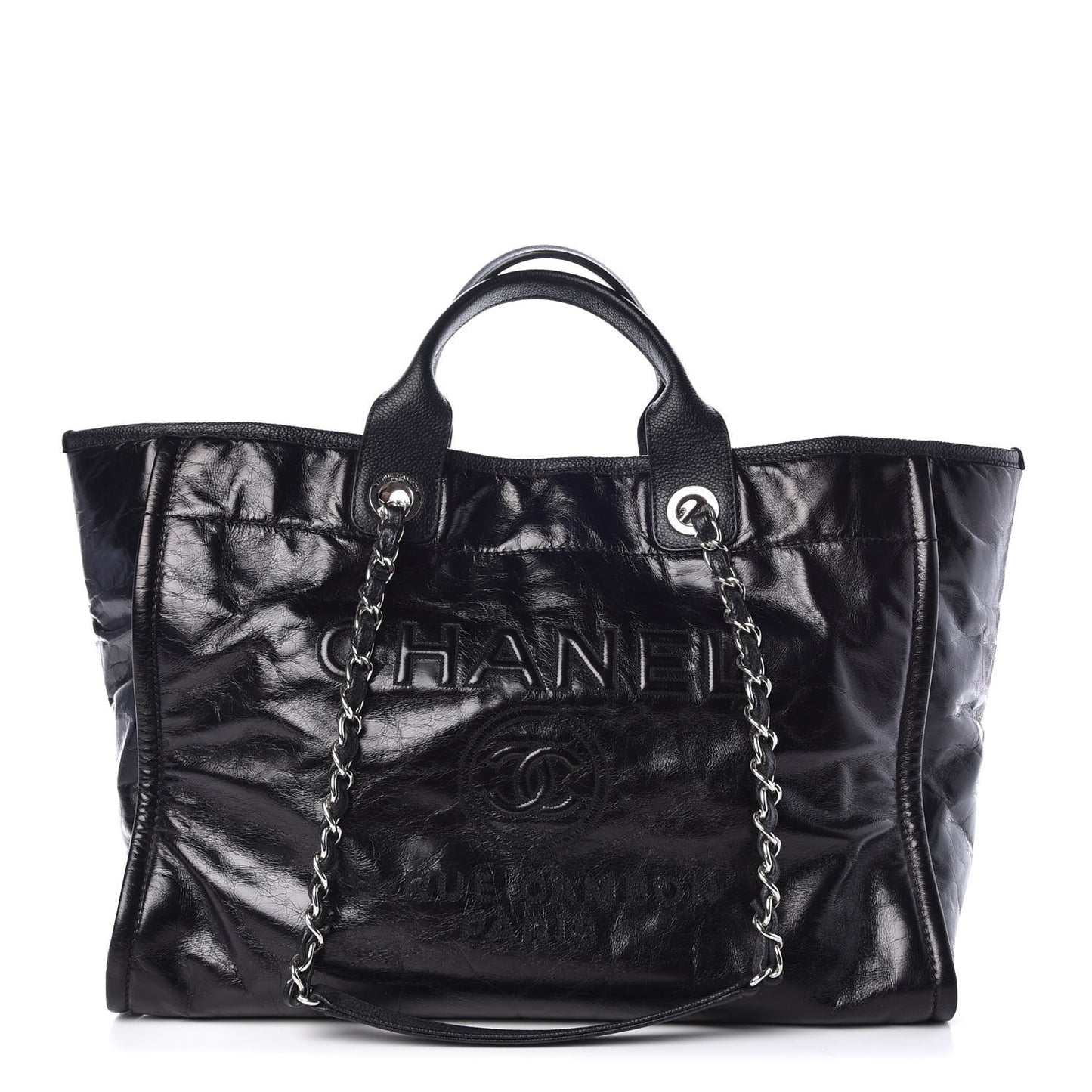 Glazed Calfskin Large Deauville Tote Black
