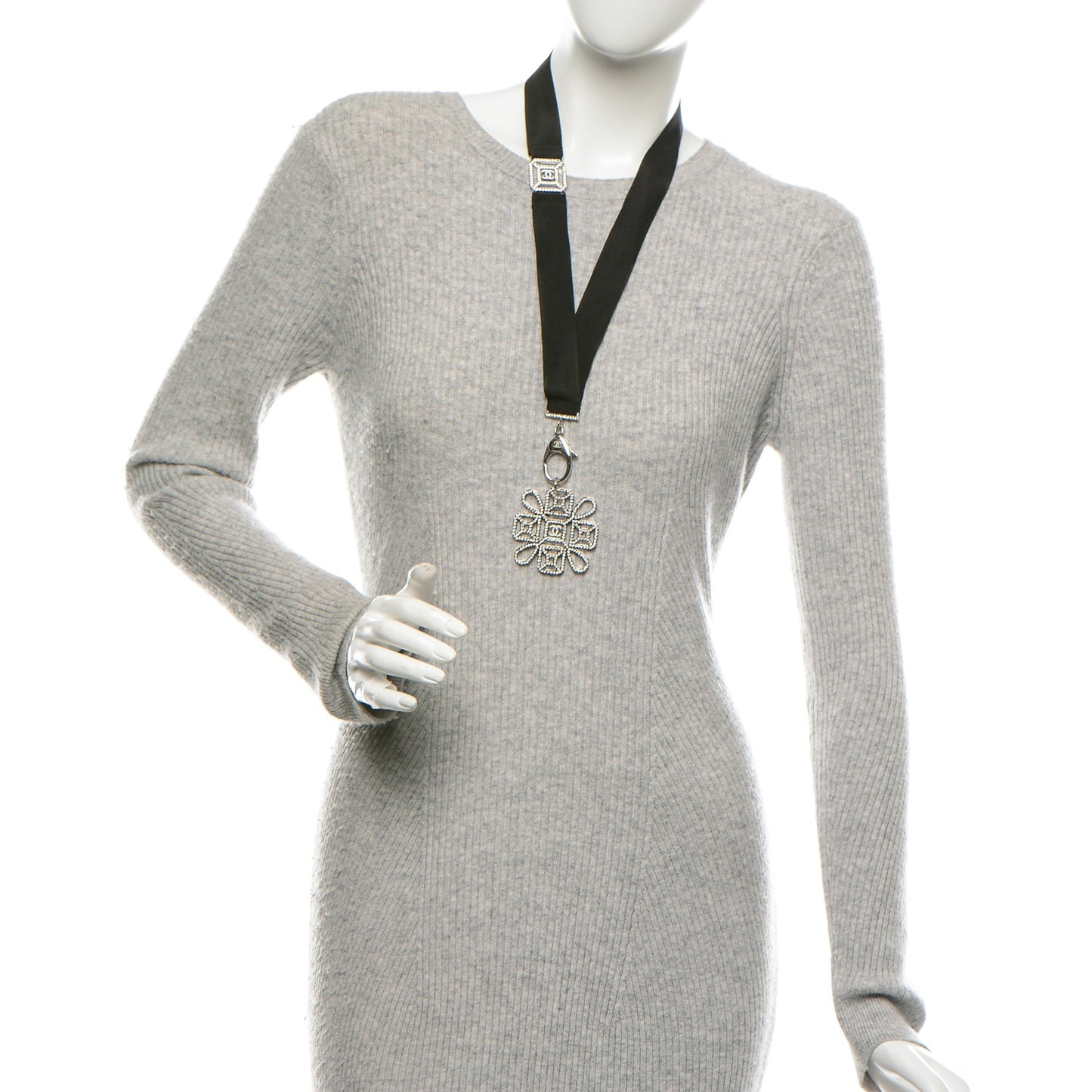 Crystal CC Lanyard Necklace Black Silver