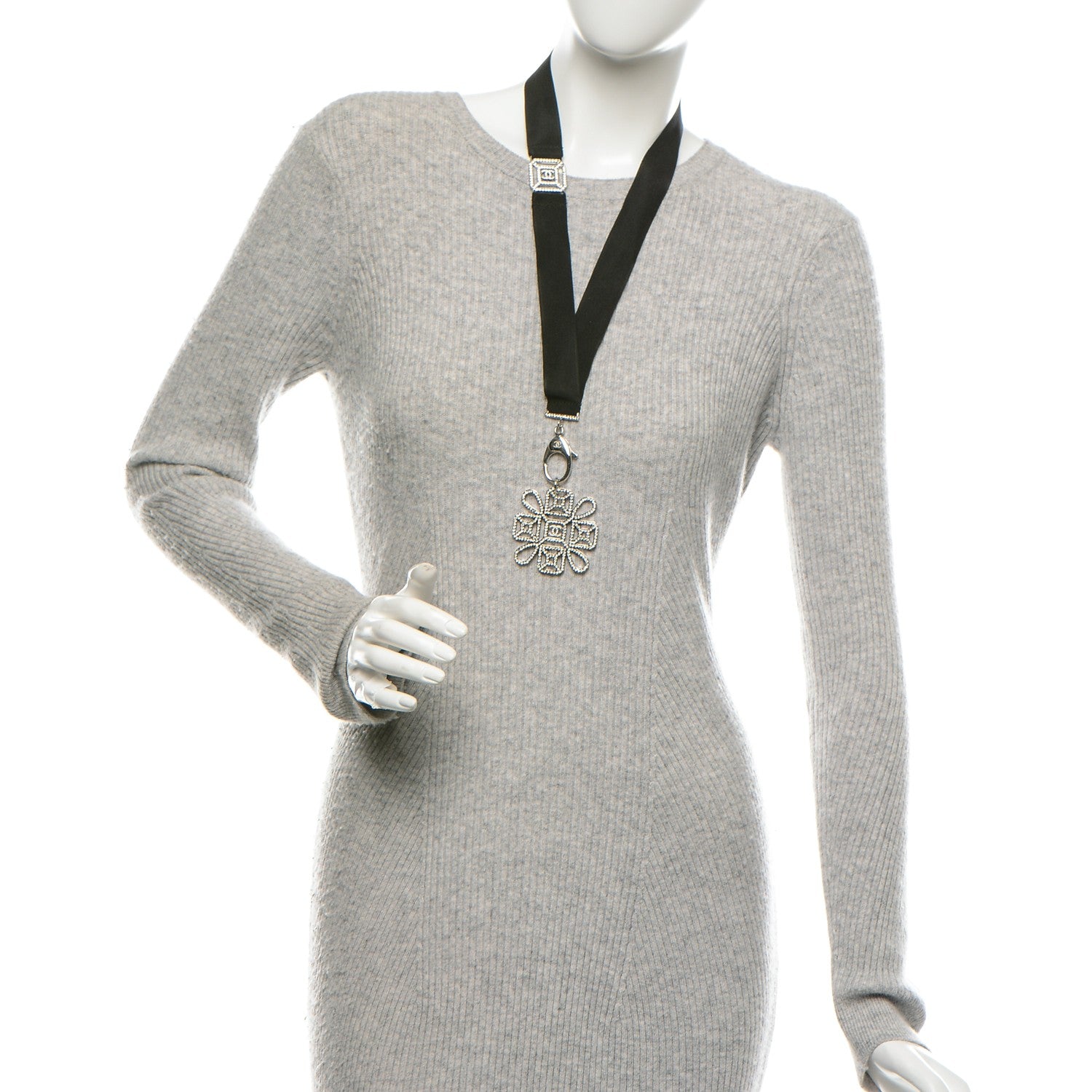 Chanel Crystal CC Lanyard Necklace Black Silver 2 of 6