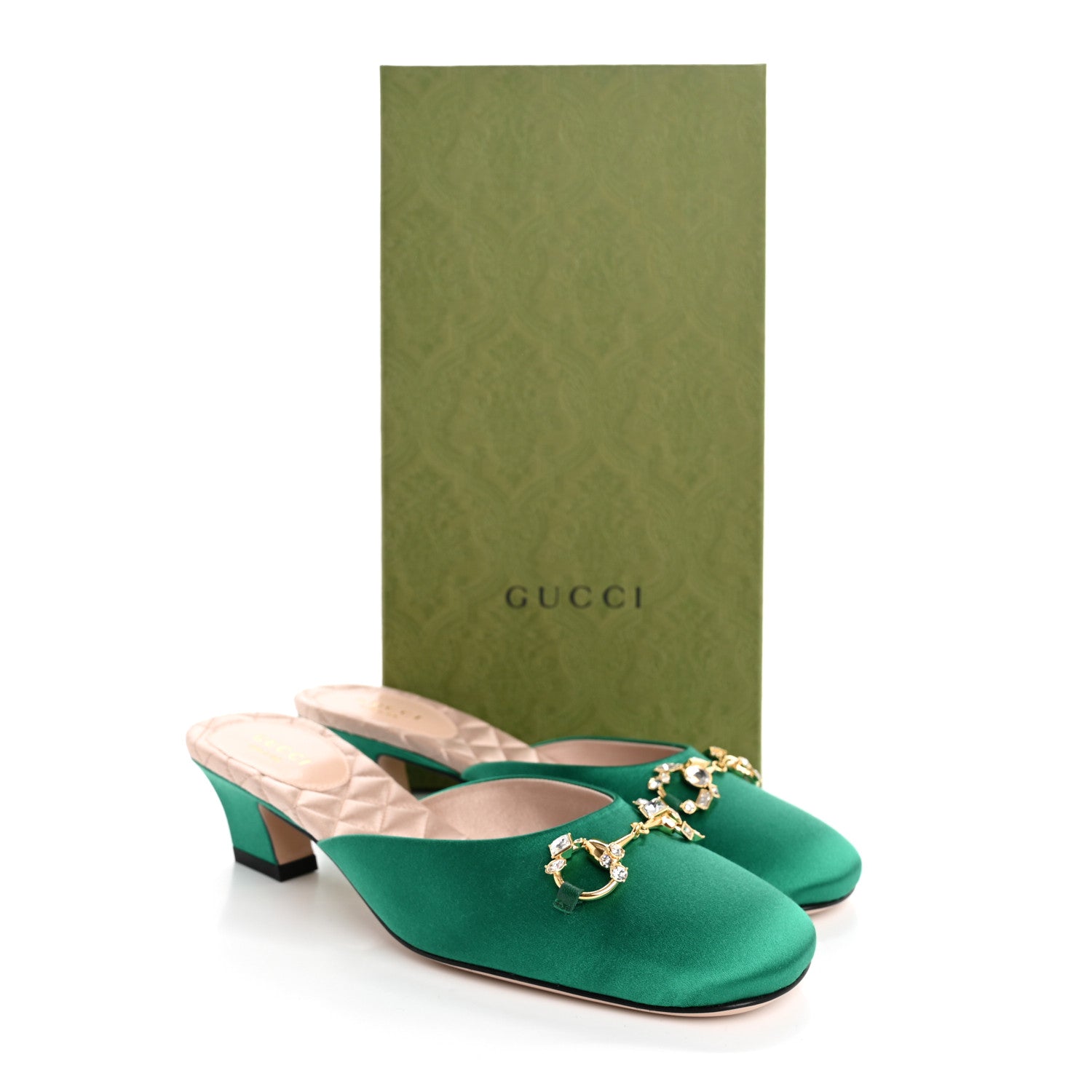 Gucci Silk Satin Crystal Embellished Horsebit Mules 36 Shamarock Emerald 9 of 9