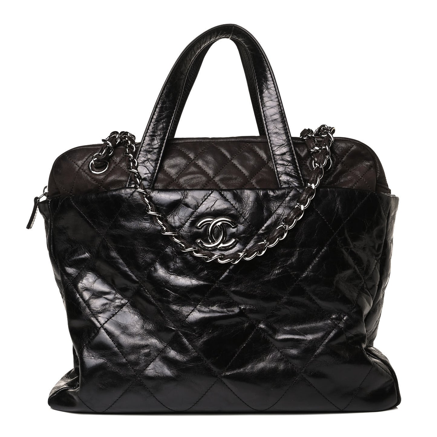 Glazed Calfskin Lambskin Portobello Tote Black