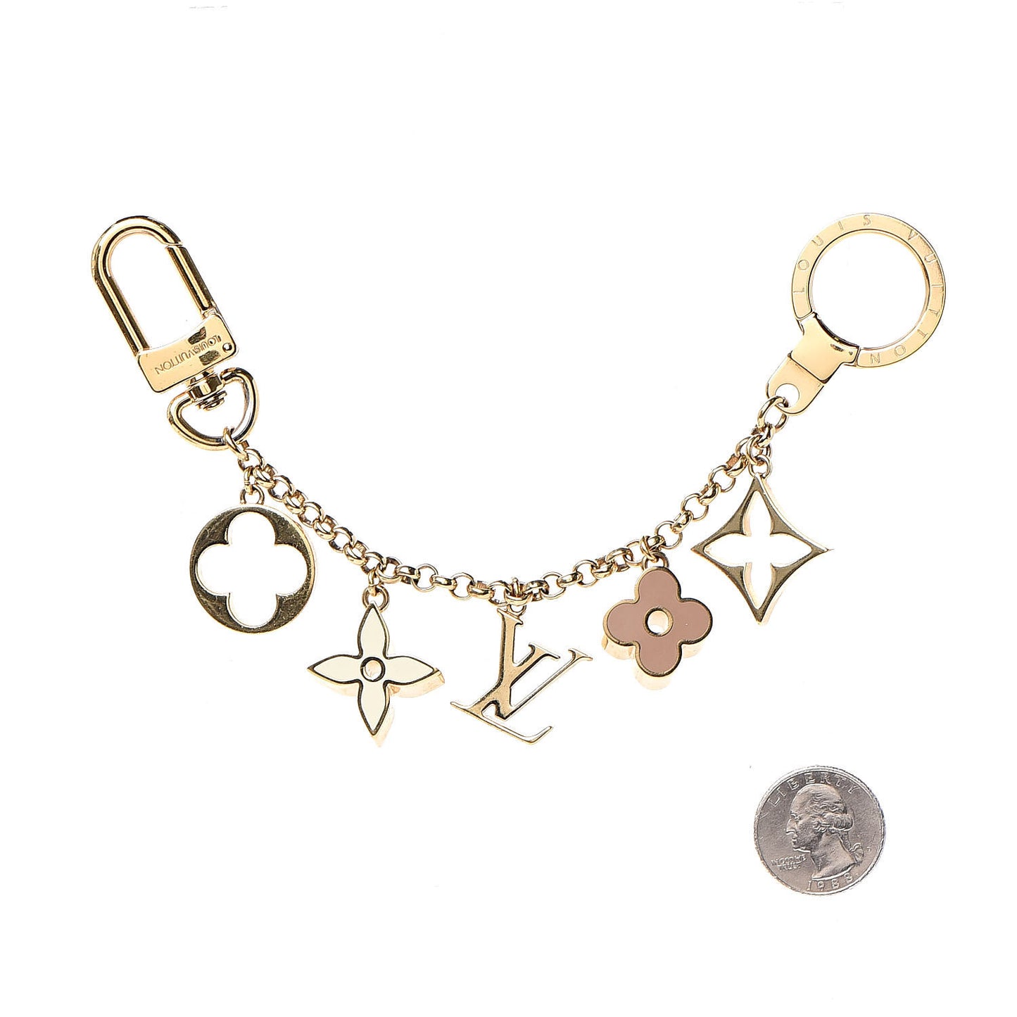 Brass Enamel Fleur De Monogram Bag Charm Chain Gold