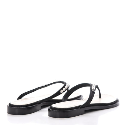 Chanel Suede Pearl Thong Sandals 37.5 Black 4 of 7