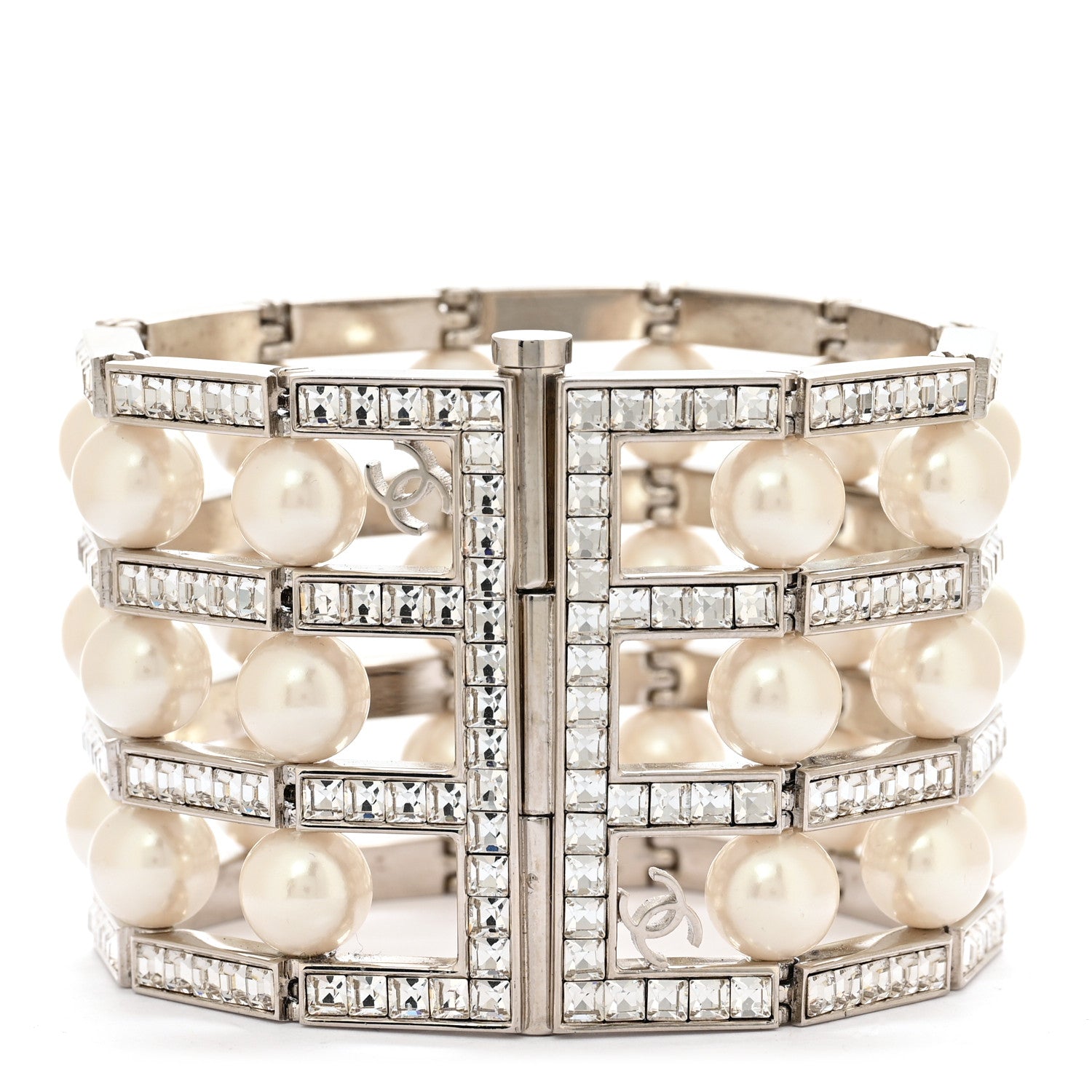 Chanel Crystal Pearl CC Cuff Bracelet M Silver 3 of 5