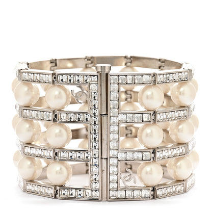 Chanel Crystal Pearl CC Cuff Bracelet M Silver 3 of 5