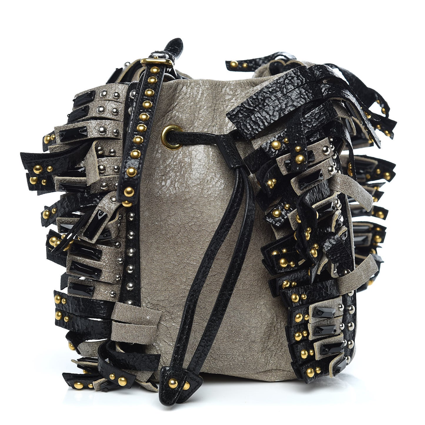 Crackled Calfskin Studded Fringe Wristlet Pouch Talco Black