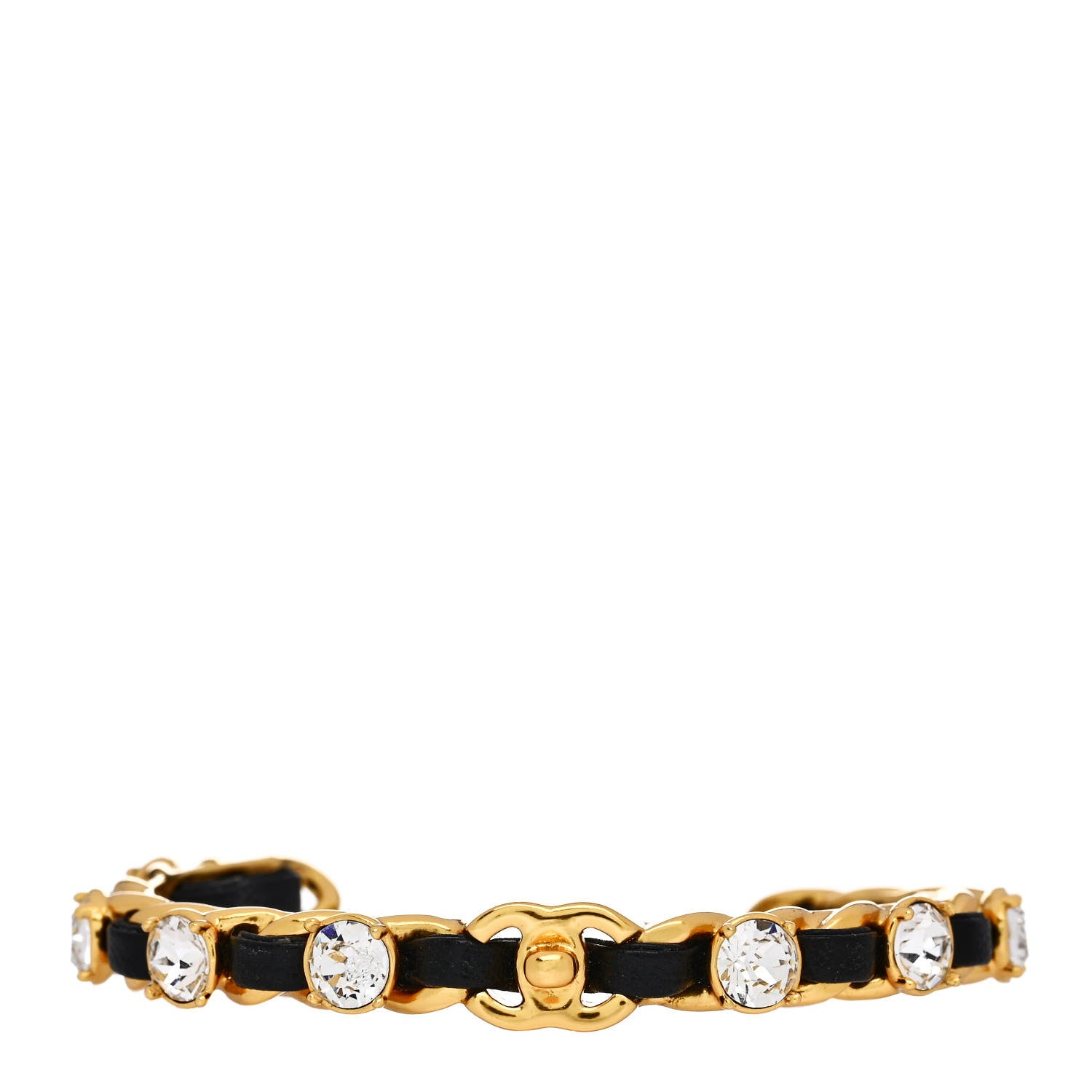 Chanel Lambskin Crystal CC Cuff Bracelet S Black Gold 1 of 5