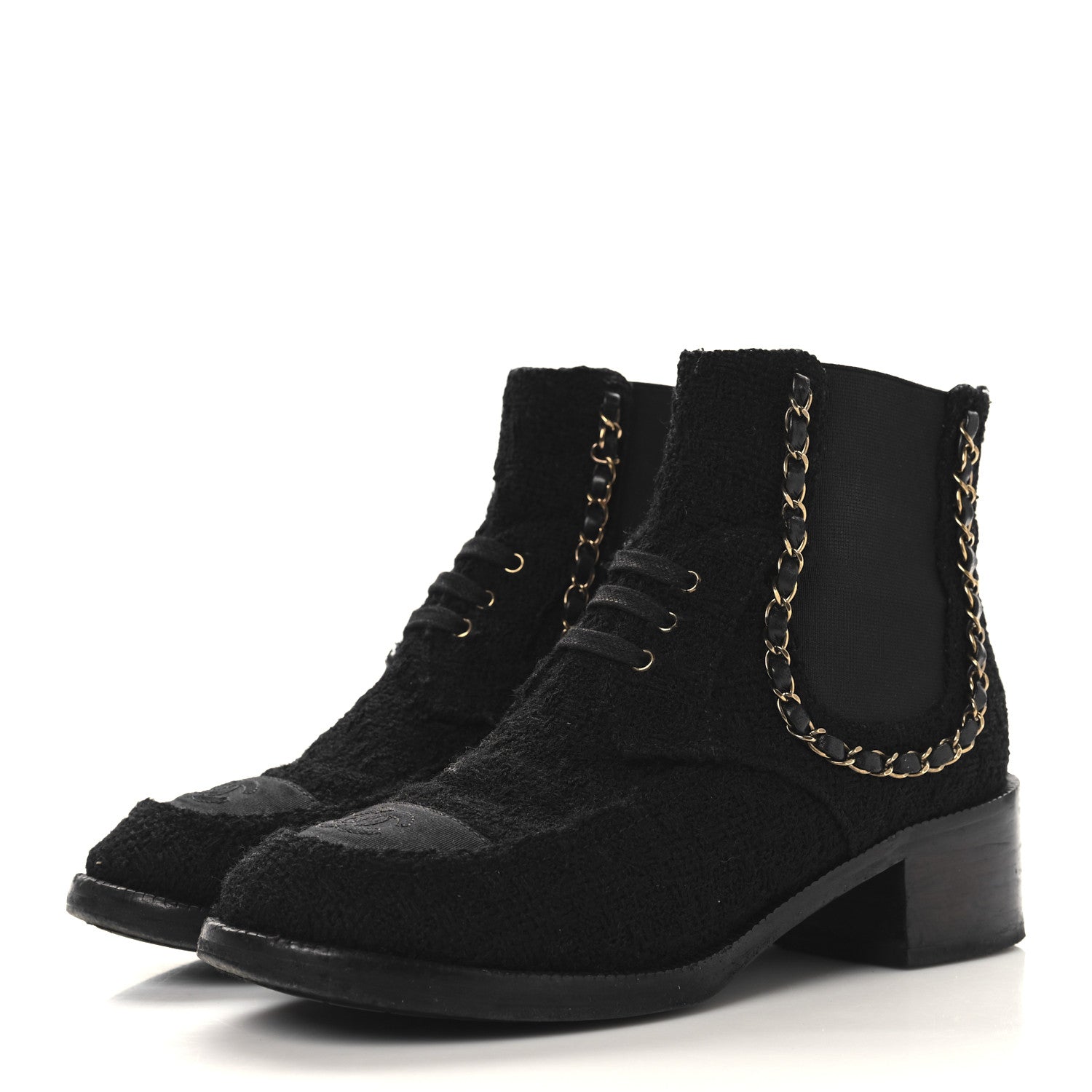 Chanel Tweed Calfskin Chain Lace Up Boots 37.5 Black 4 of 9