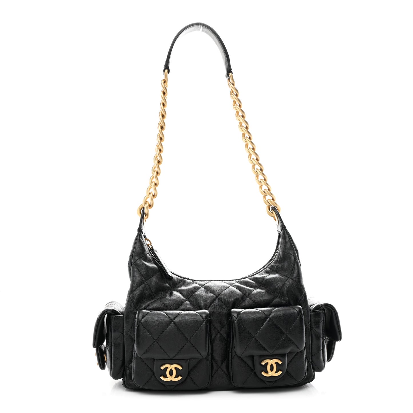 Shiny Lambskin Quilted Trendy Pockets Hobo Black