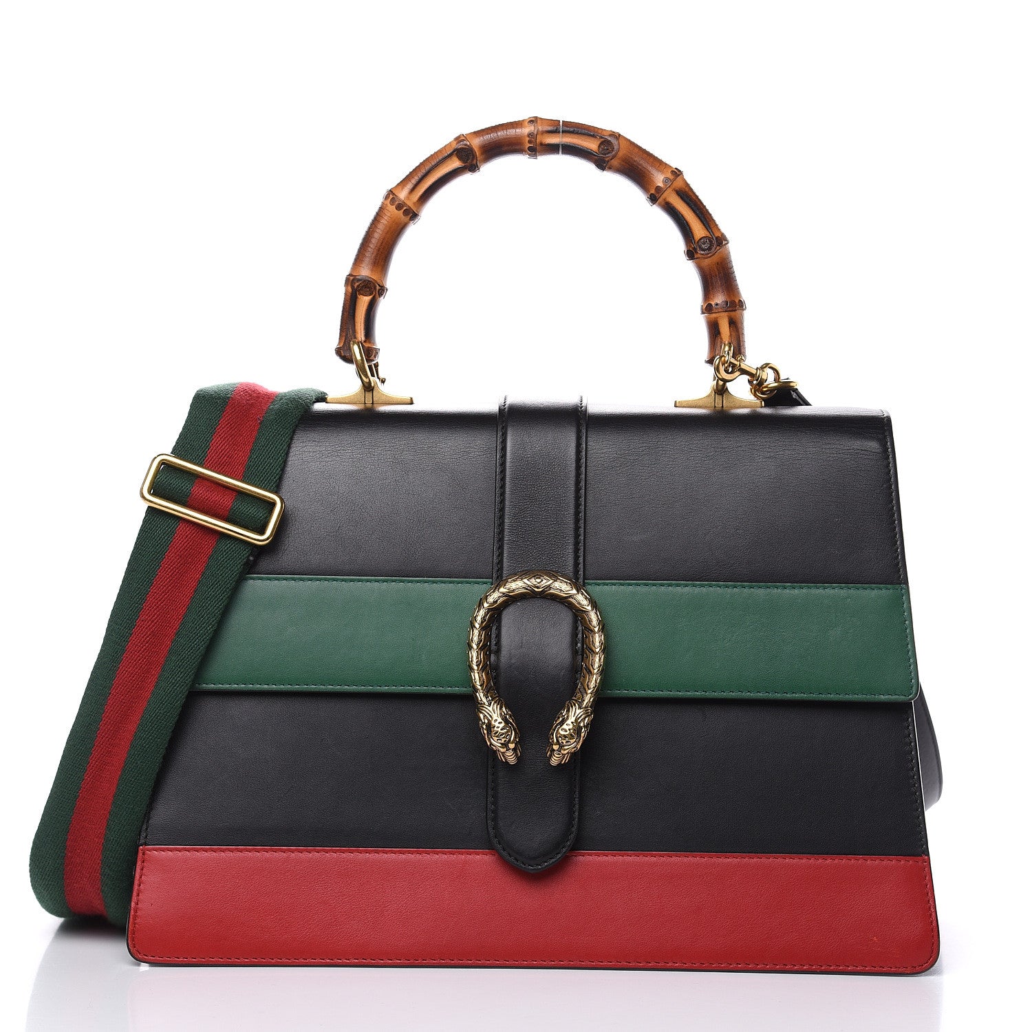 Gucci Calfskin Bamboo Web Large Dionysus Top Handle Bag Black Bright Evergreen Hibiscus Red 3 of 16