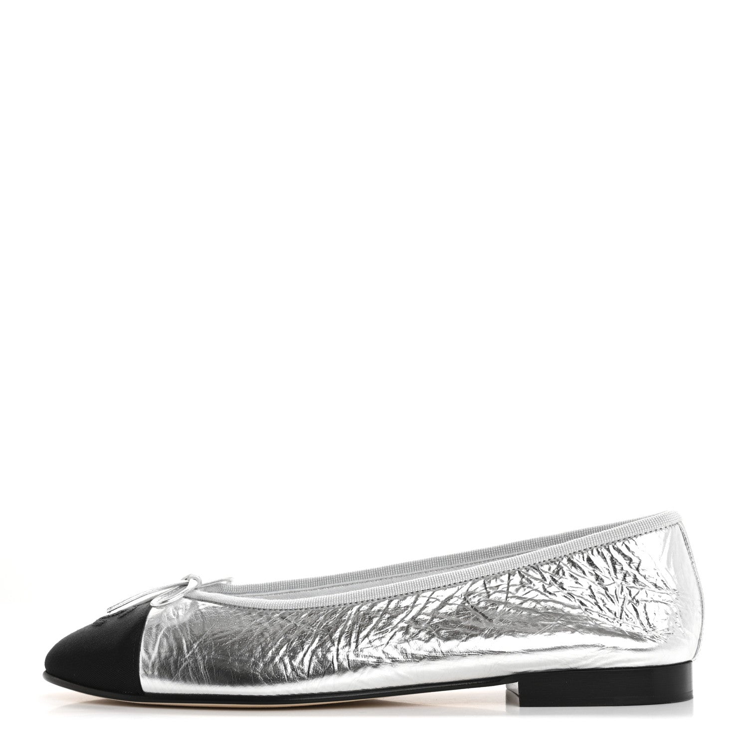 Chanel Laminated Crumpled Lambskin Grosgrain Cap Toe CC Ballerina Flats 39.5 Silver Black 1 of 12