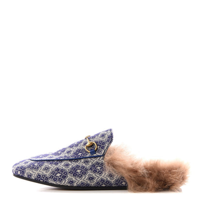 Gucci Fabric Fur Vintage Argyle Womens Princetown Slippers 39.5 Blue 1 of 8