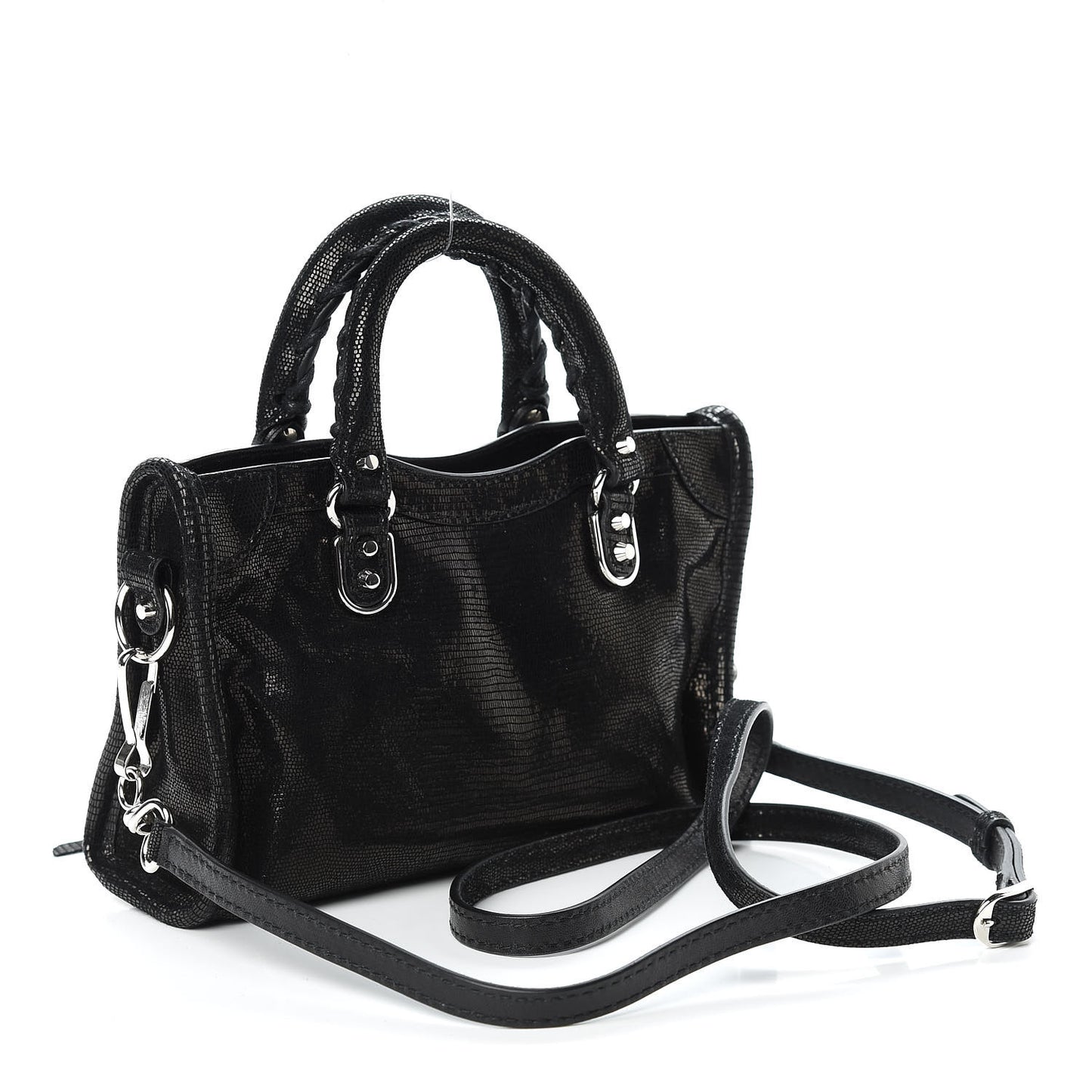 Lizard Embossed Agneau Silver Metallic Edge Hardware Nano City Black