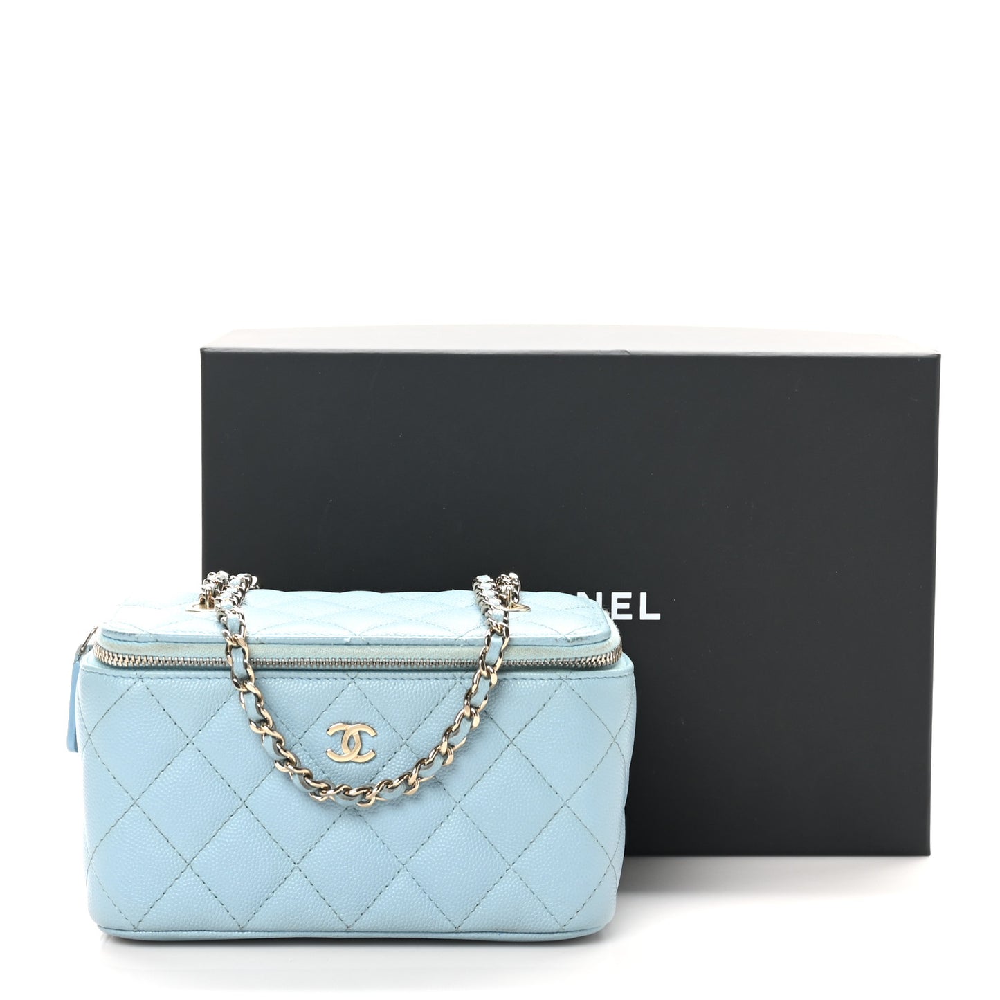 Caviar Quilted Small Tiny CC Vanity Case With Chain Light Blue
