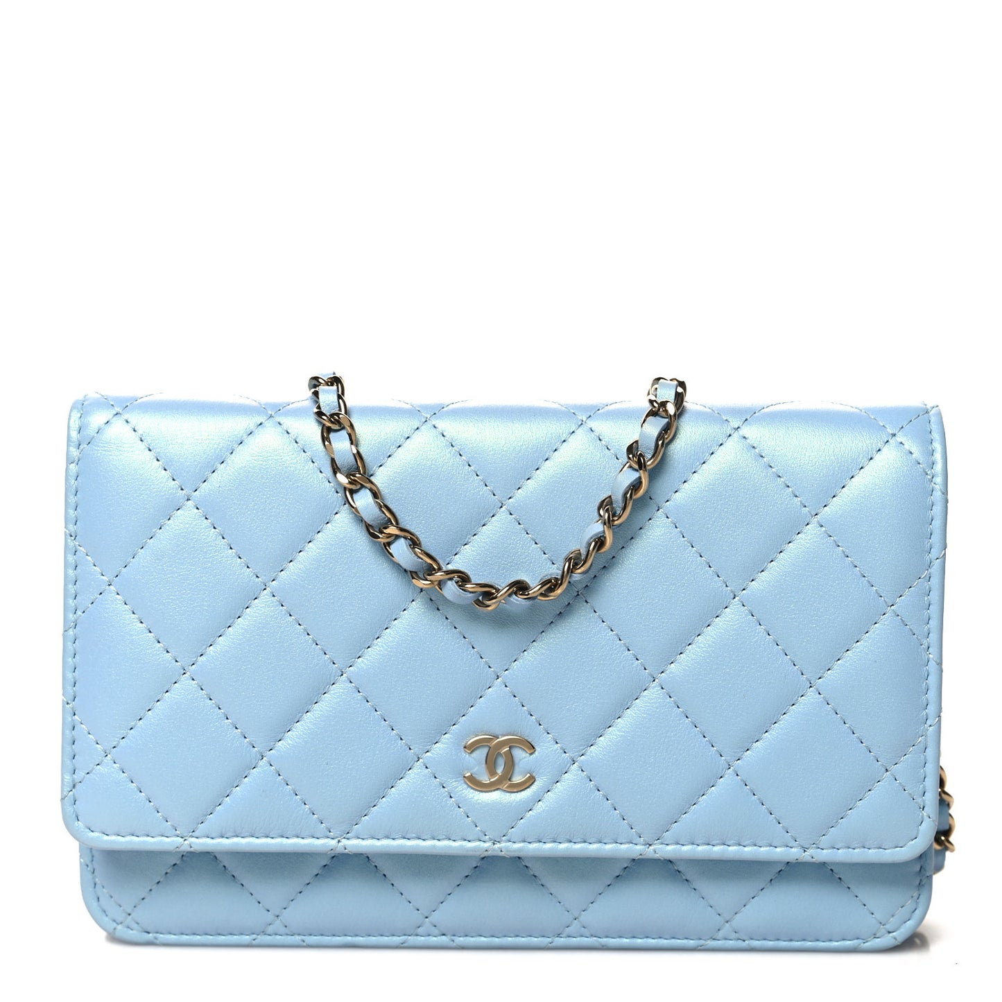 Lambskin Quilted Mini Wallet On Chain WOC Light Blue