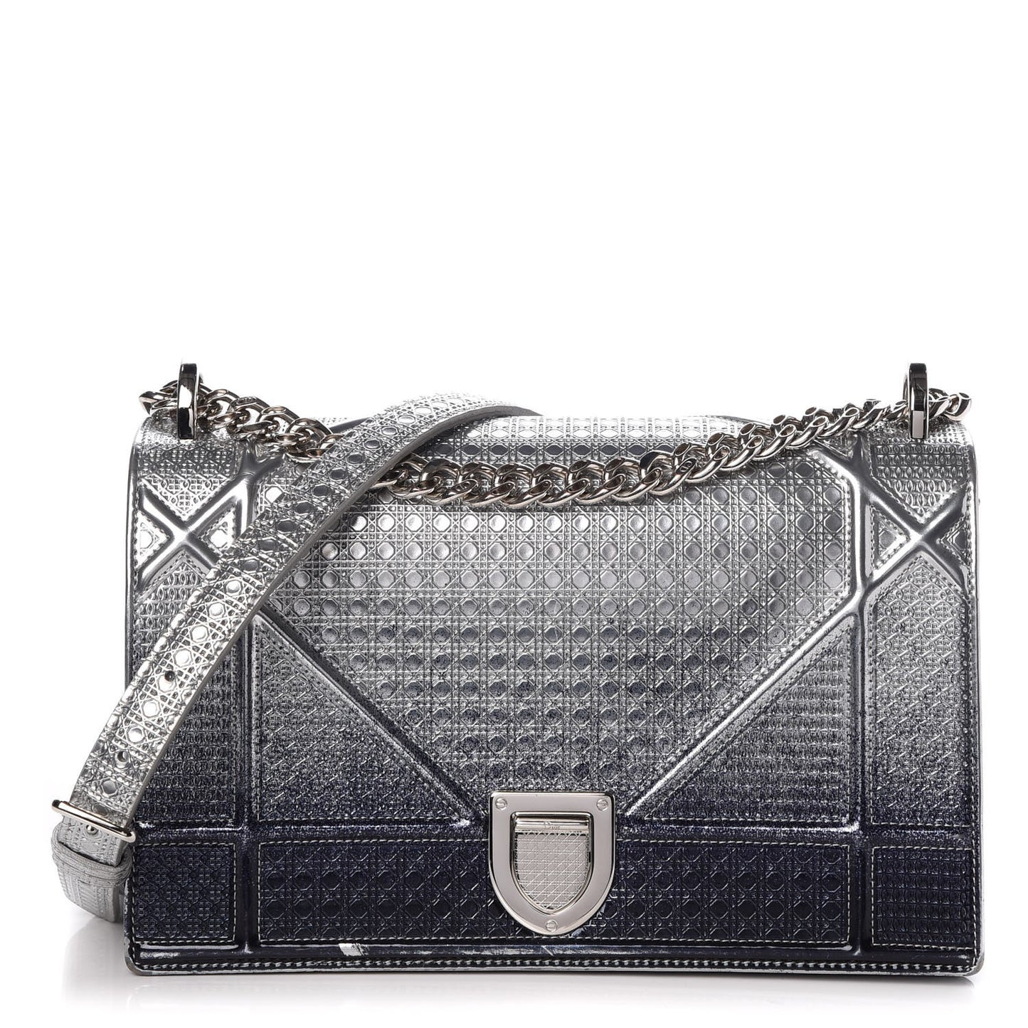 Metallic Patent Micro-Cannage Gradient Medium Diorama Flap Bag Silver Blue