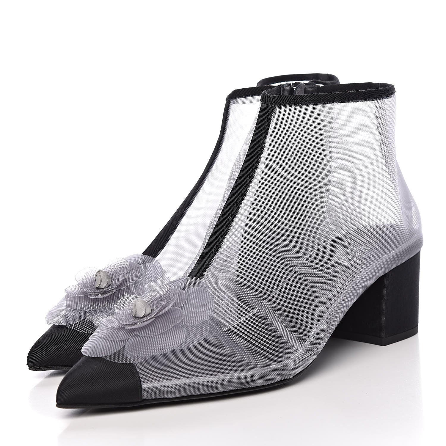 Chanel Mesh Grosgrain Camellia Short Boots 39 Grey Black 3 of 10