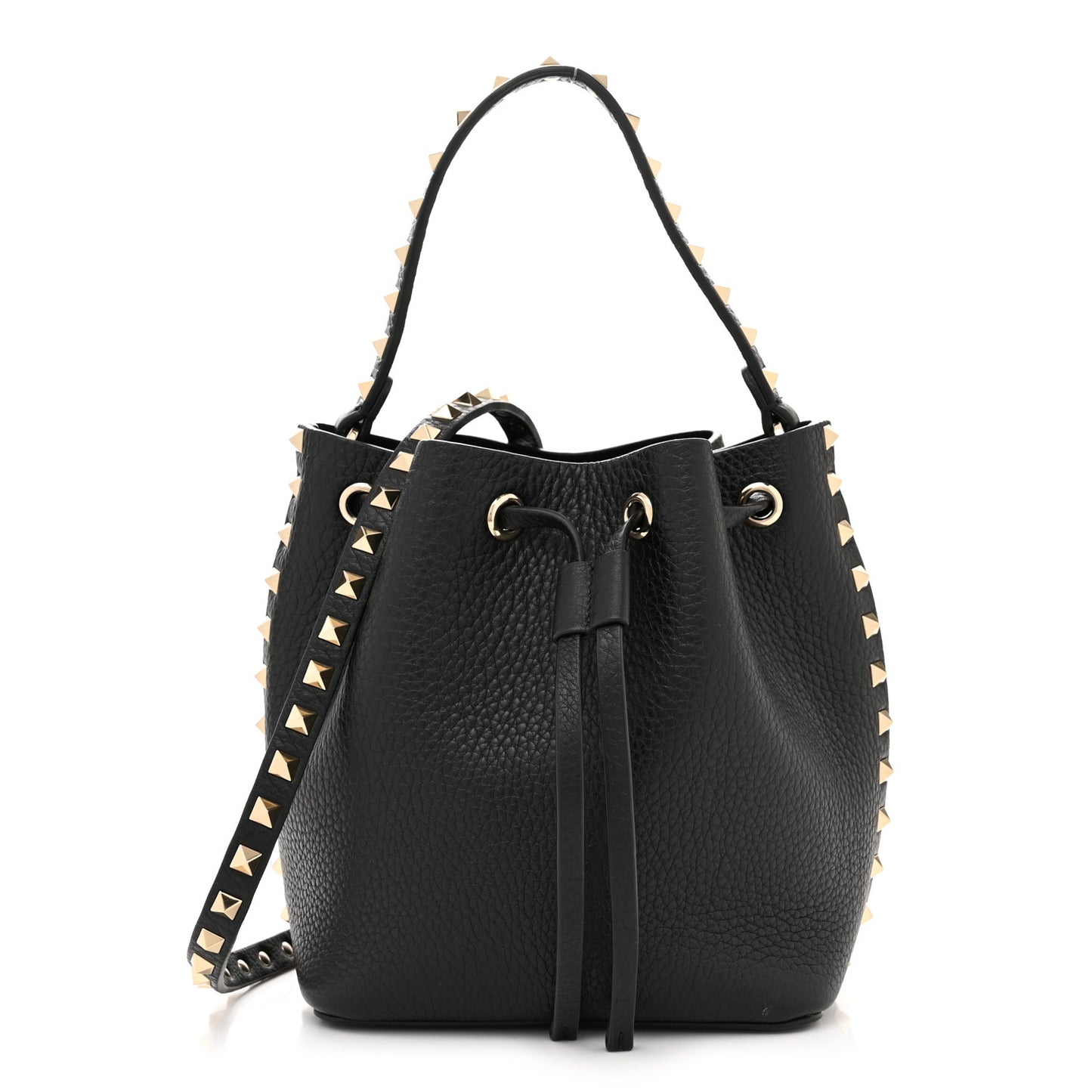 Grained Calfskin Rockstud Bucket Bag Black