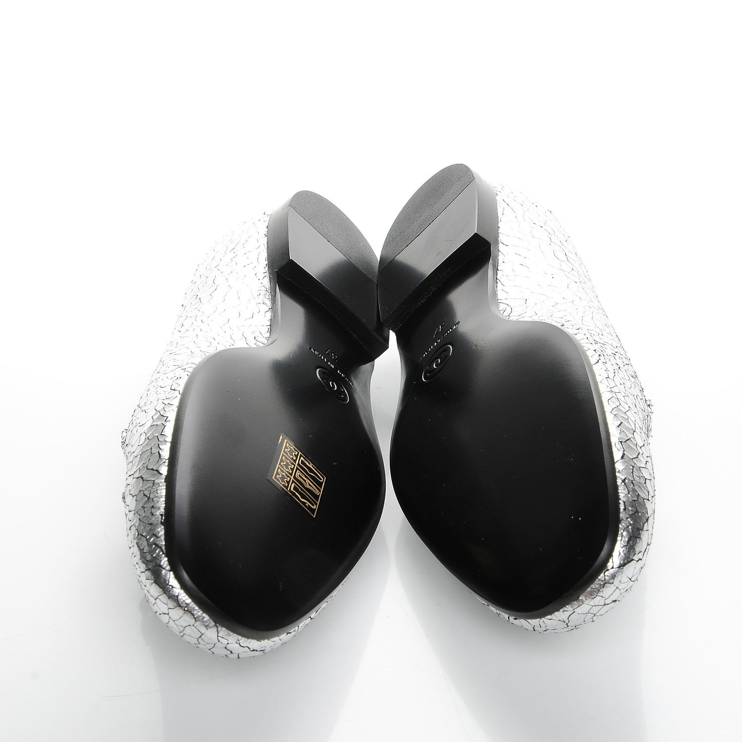 Metallic Crackled Calfskin Camellia Mocassin Loafers 37 Silver