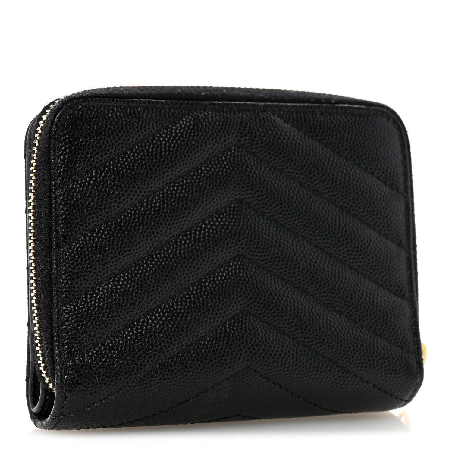 Saint Laurent Grain De Poudre Matelasse Chevron Monogram Compact Zip Around Wallet Black 3 of 10