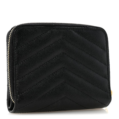 Saint Laurent Grain De Poudre Matelasse Chevron Monogram Compact Zip Around Wallet Black 3 of 10
