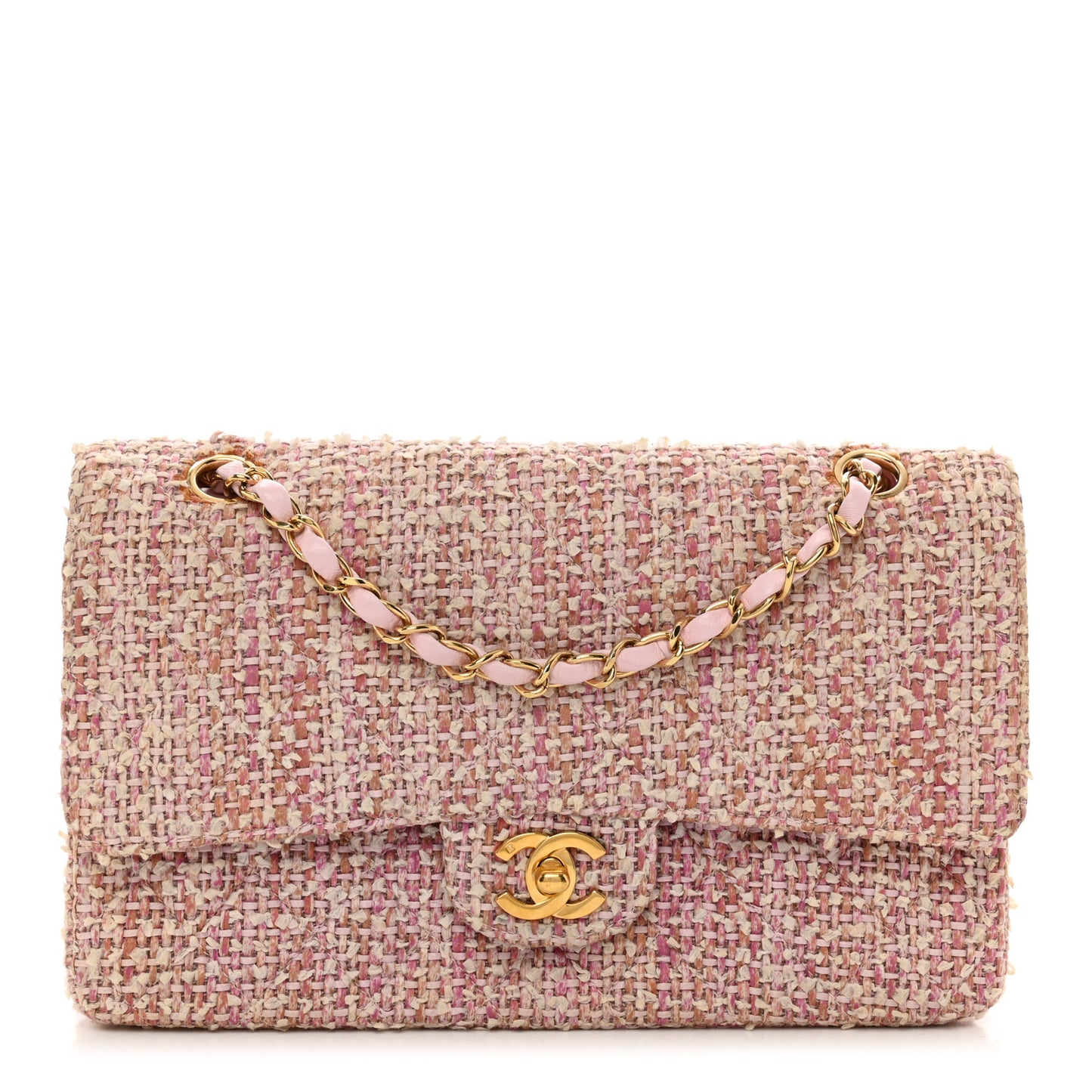 Tweed Quilted Medium Double Flap Light Pink