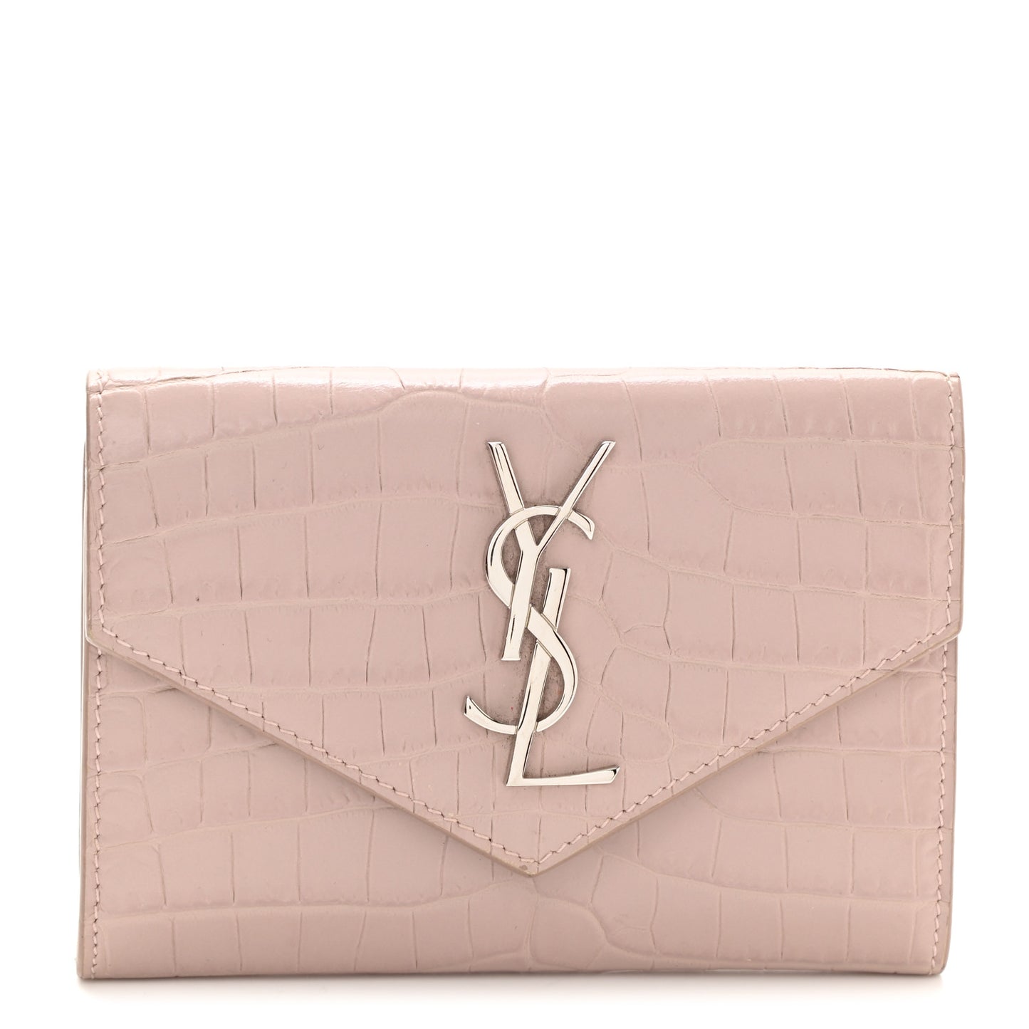 Calfskin Crocodile Embossed Small Monogram Envelope Wallet Rose Antic