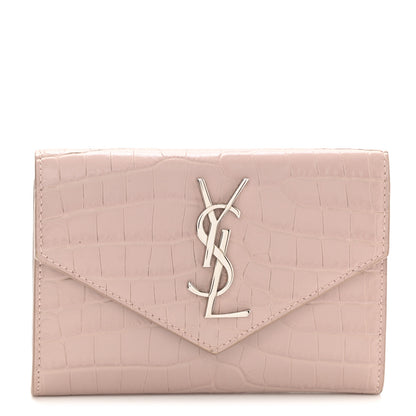 Saint Laurent Calfskin Crocodile Embossed Small Monogram Envelope Wallet Rose Antic 1 of 8