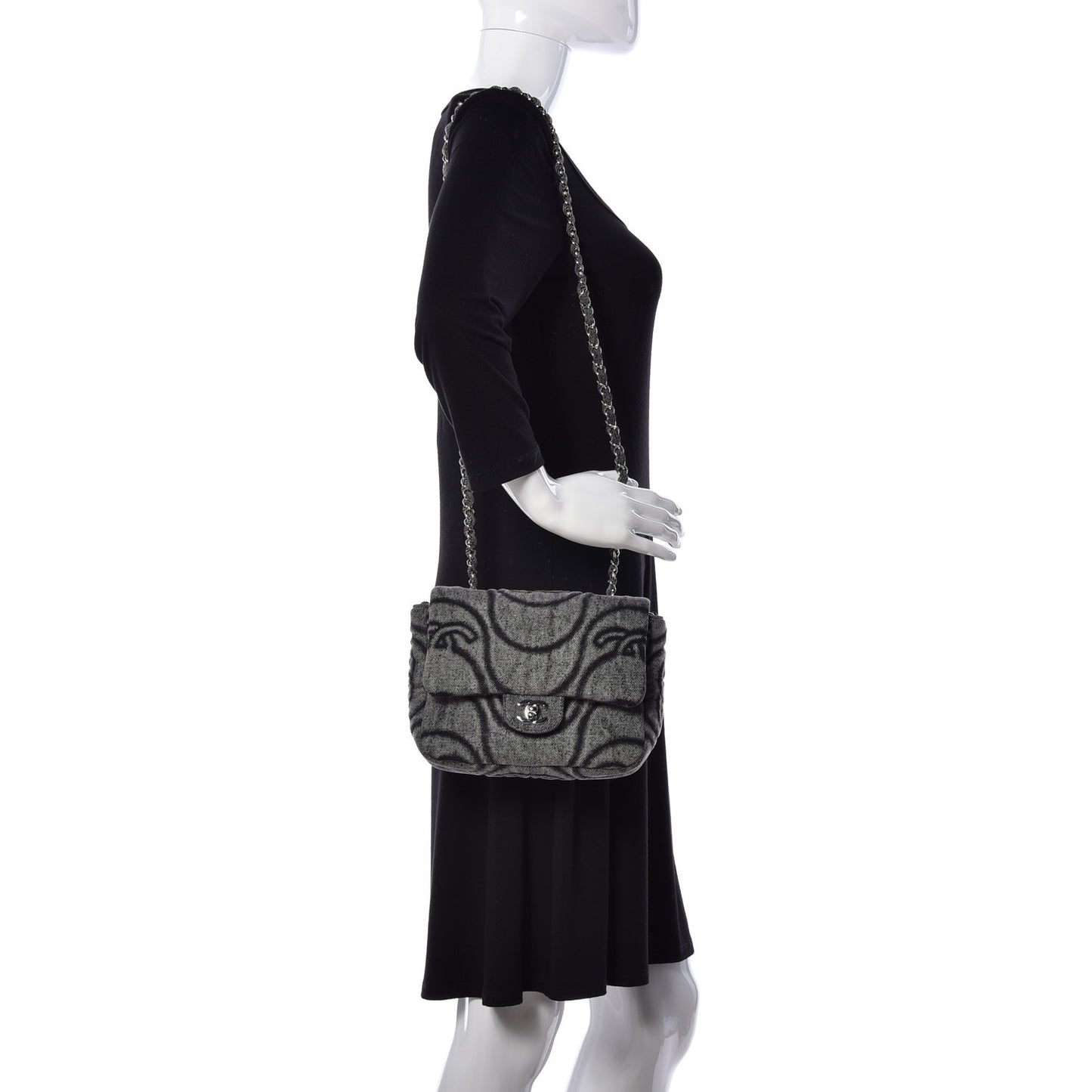 Denim Embossed CC Logo Print Mini Single Flap Black