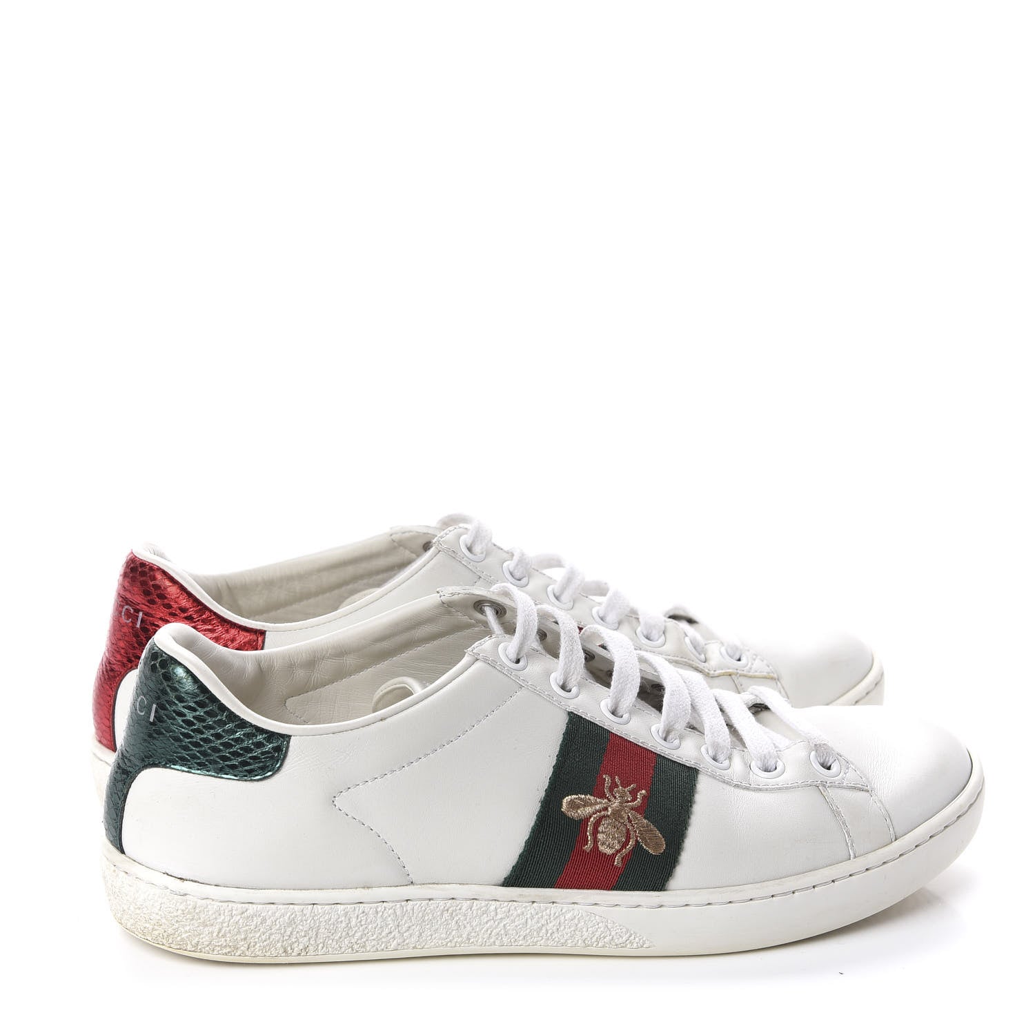Gucci Calfskin Ayers Bee Embroidered Womens Ace Sneakers 36 White Green 4 of 10