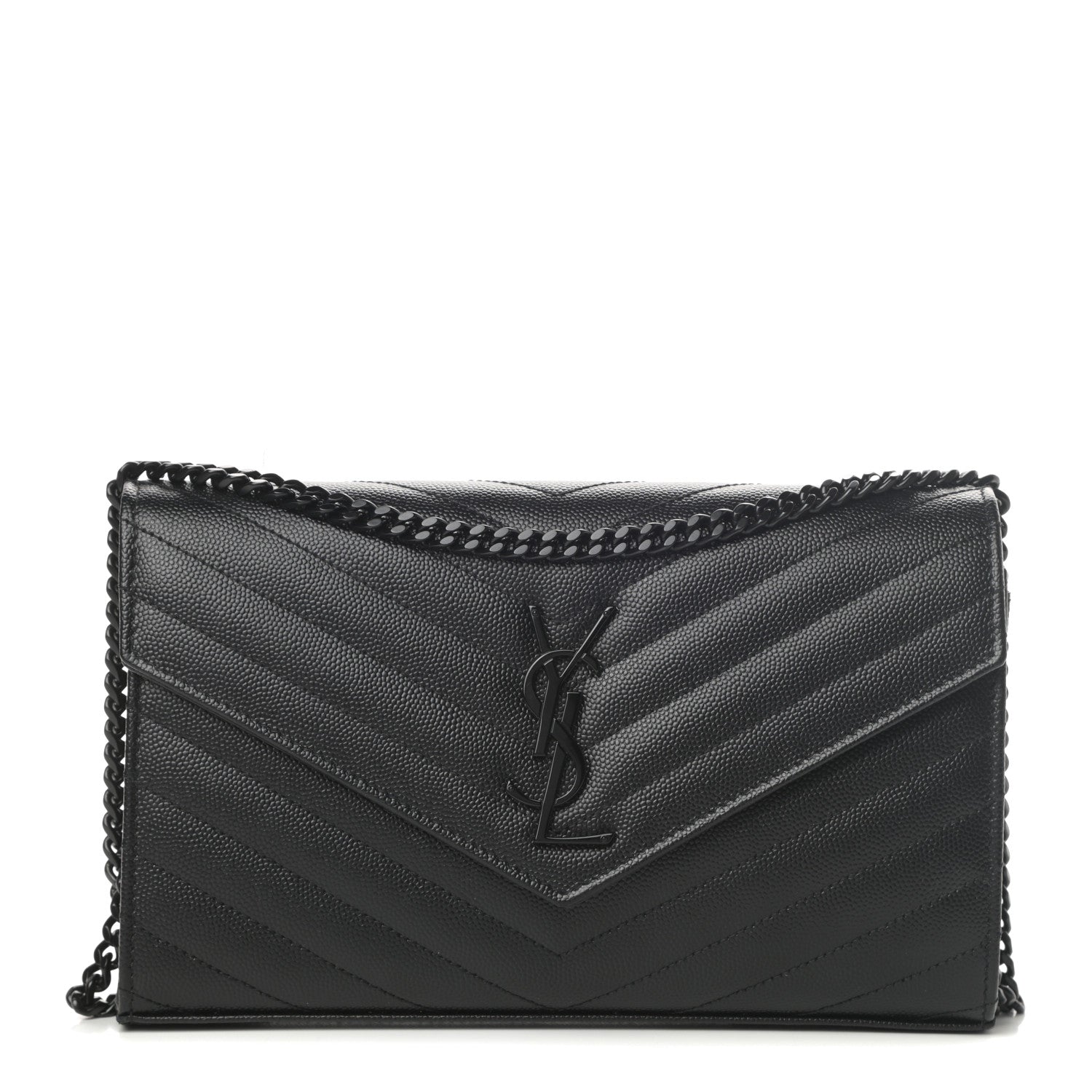 Saint Laurent Grain De Poudre Matelasse Chevron Monogram Chain Wallet Black 1 of 11