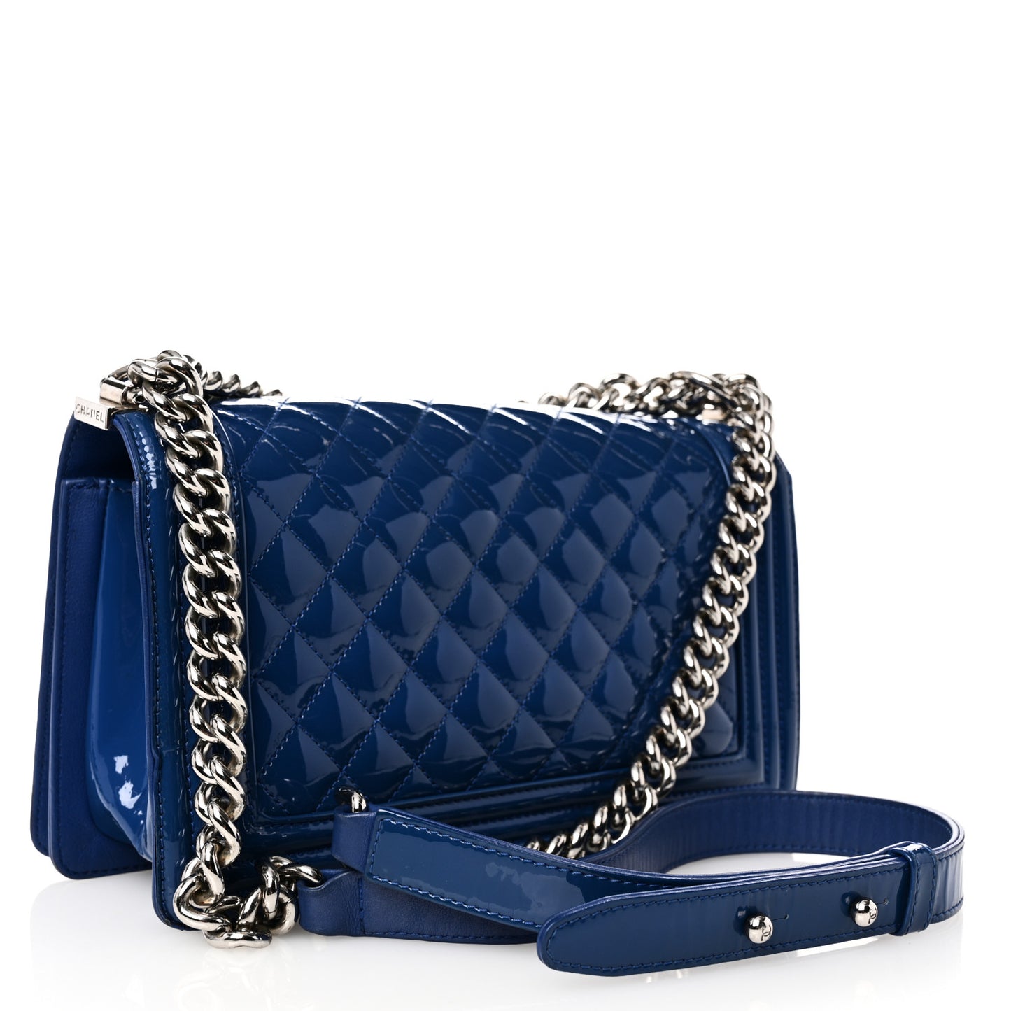 Patent Calfskin Quilted Medium Plexiglass Boy Flap Blue