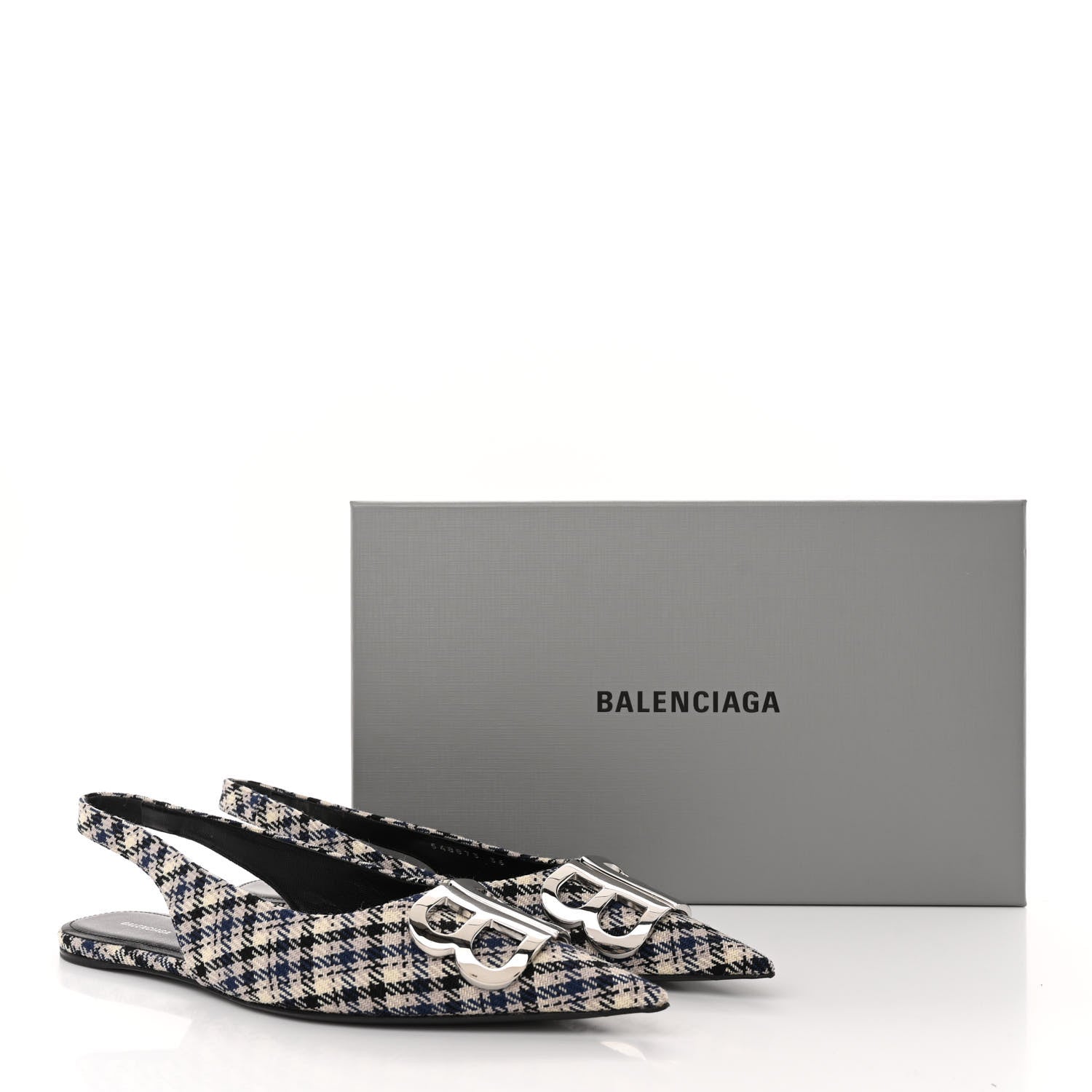 Balenciaga Tweed Prince Of Wales BB Knife Pointy Toe Slingback Flats 36 Beige Navy Silver 12 of 12