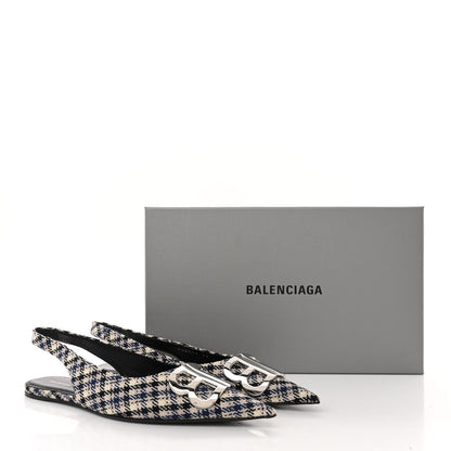 Balenciaga Tweed Prince Of Wales BB Knife Pointy Toe Slingback Flats 36 Beige Navy Silver 12 of 12
