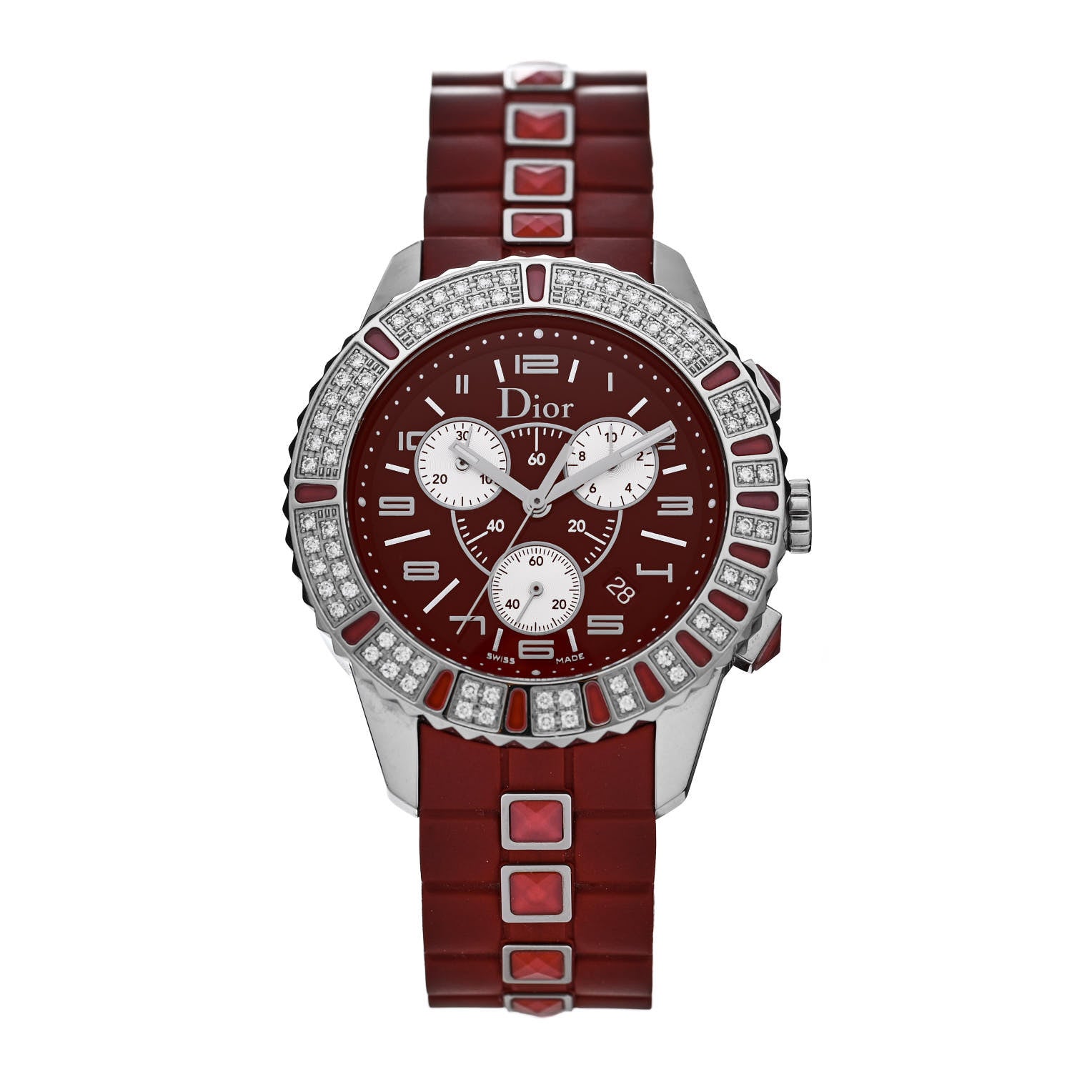 Christian Dior Stainless Steel Diamond Pave Sapphire 38mm Christal Chronograph Quartz Watch Red 1 of 4