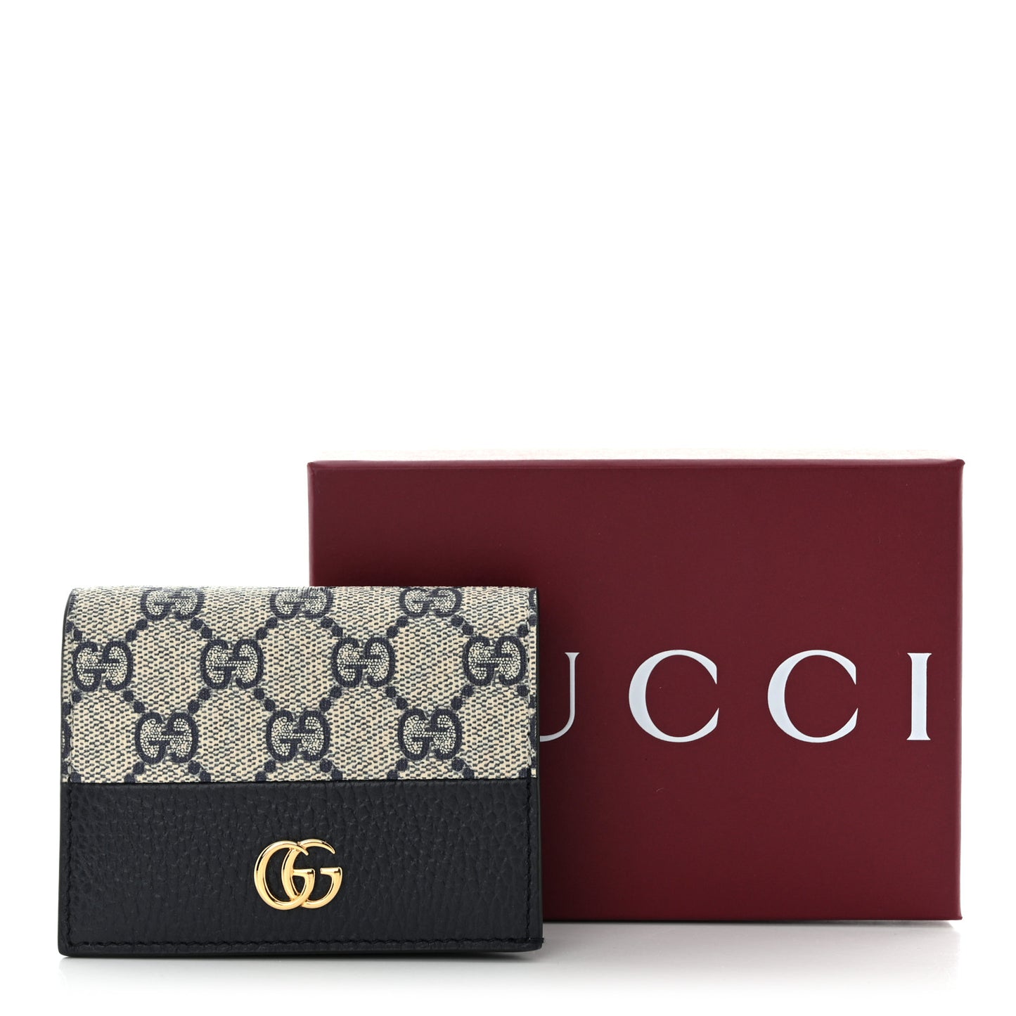 Dollar Calfskin GG Supreme Monogram GG Marmont Card Case Navy Beige Ebony