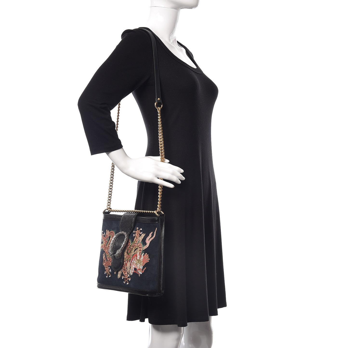Suede Patent Dragon Embroidered Medium Dionysus Bucket Bag Dark Blue
