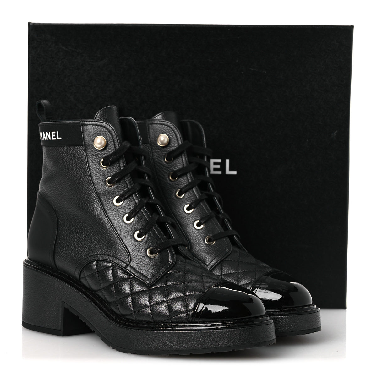 Chanel Pearly Calfskin Patent Calfskin Lace Up Combat Boots 38 Black 15 of 15