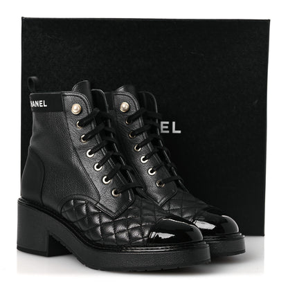 Chanel Pearly Calfskin Patent Calfskin Lace Up Combat Boots 38 Black 15 of 15